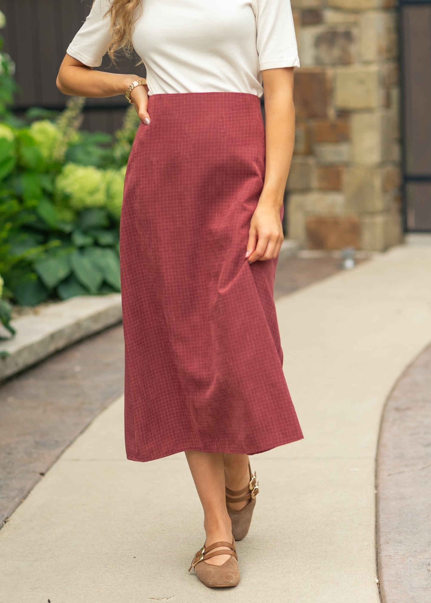 Maroon Gingham Satin Skirt FF Skirts