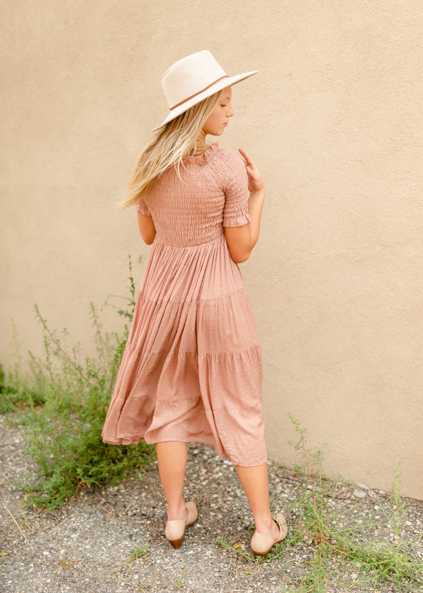 Mauve Swiss Dot Smocked Midi Dress - FINAL SALE IC Dresses