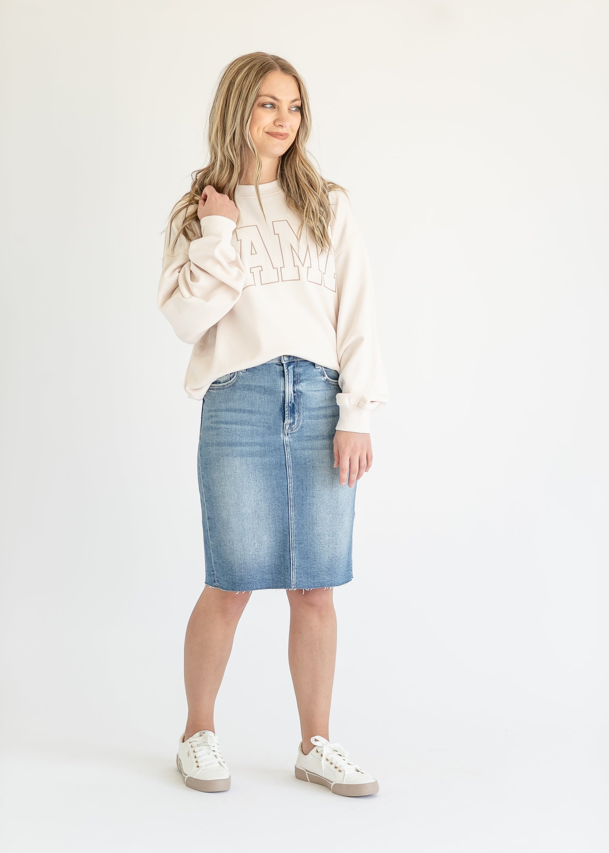 Medium Wash Raw Hem Denim Midi Skirt FF Skirts