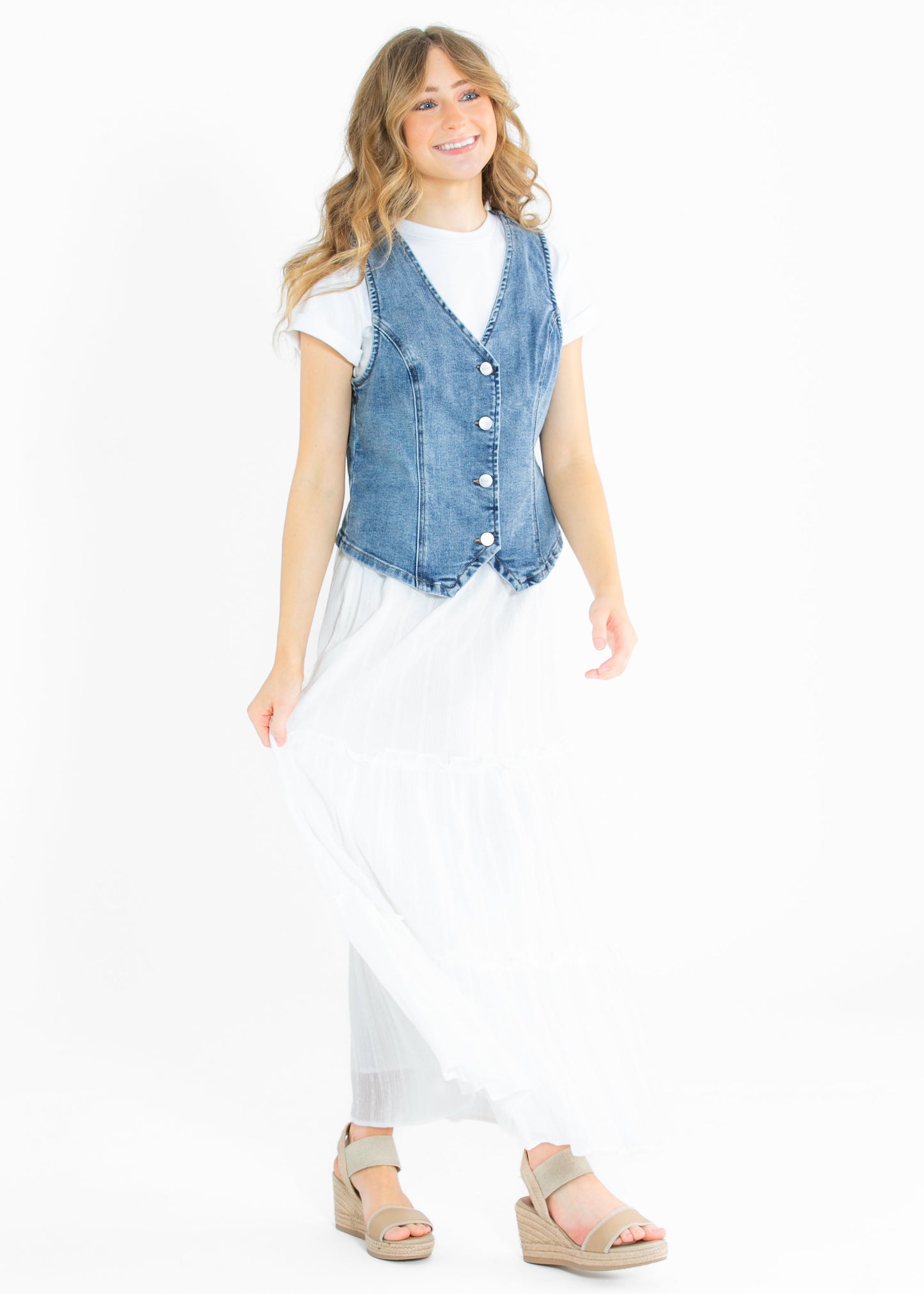 Medium Wash Stretchy Denim Vest FF Tops
