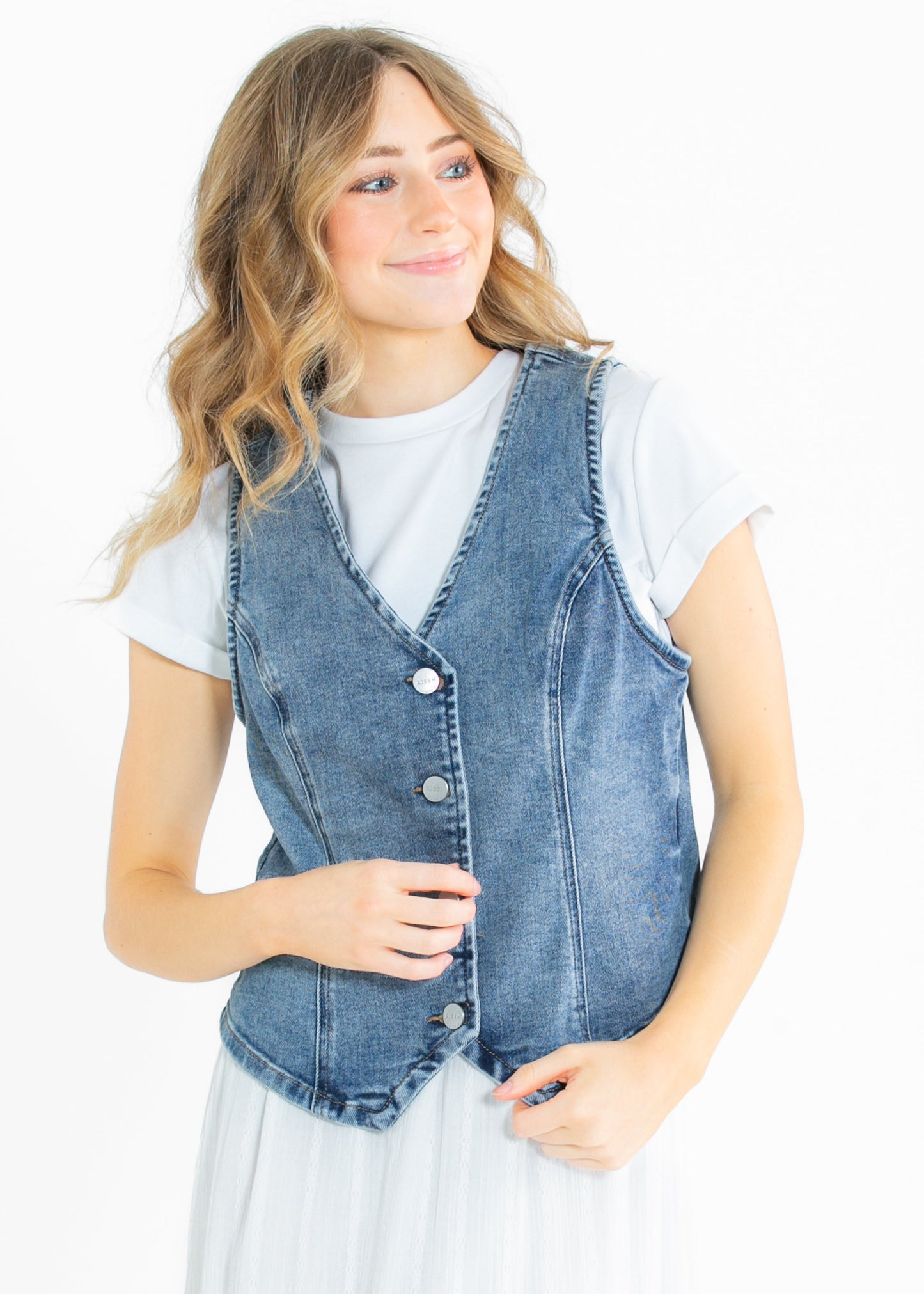 Medium Wash Stretchy Denim Vest FF Tops