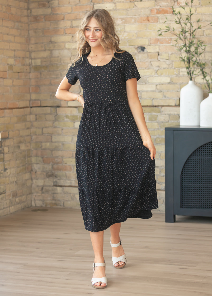 Melanie Black Floral Tiered Midi Dress IC Dresses