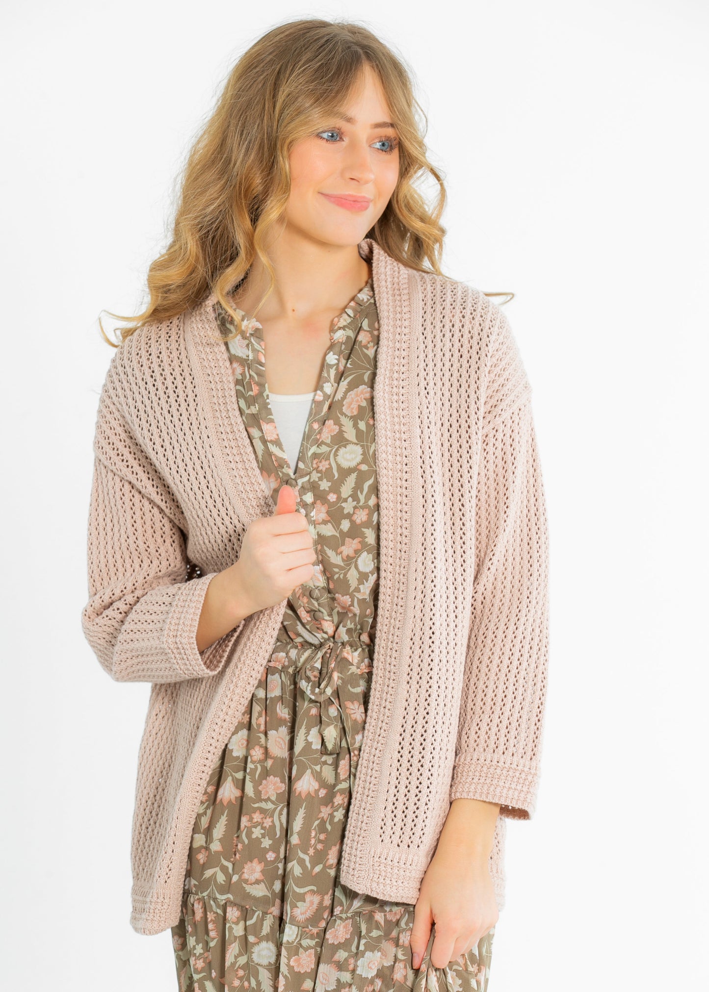 Mindy Textured Knit 3/4 Sleeve Open Cardigan FF Tops