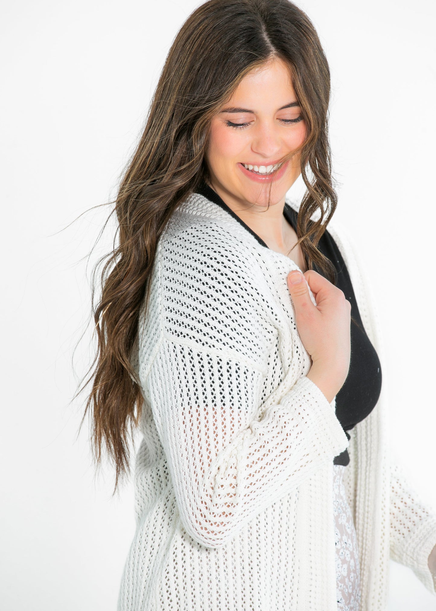 Mindy Textured Knit 3/4 Sleeve Open Cardigan FF Tops