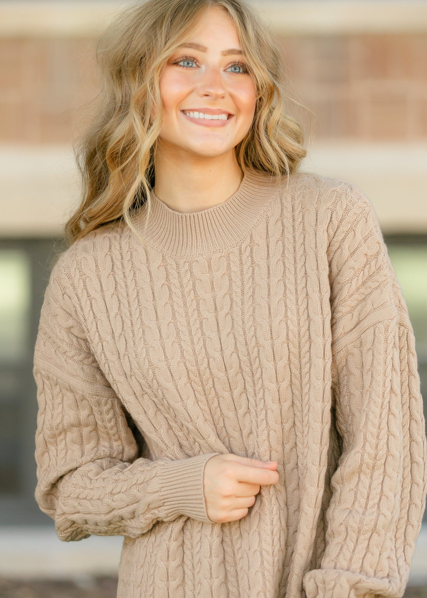 Mock Neck Cable Knit Sweater FF Tops