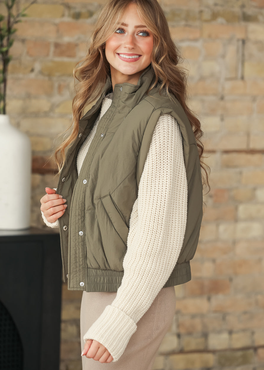 Mock Neck Snap Olive Puffer Vest FF Tops
