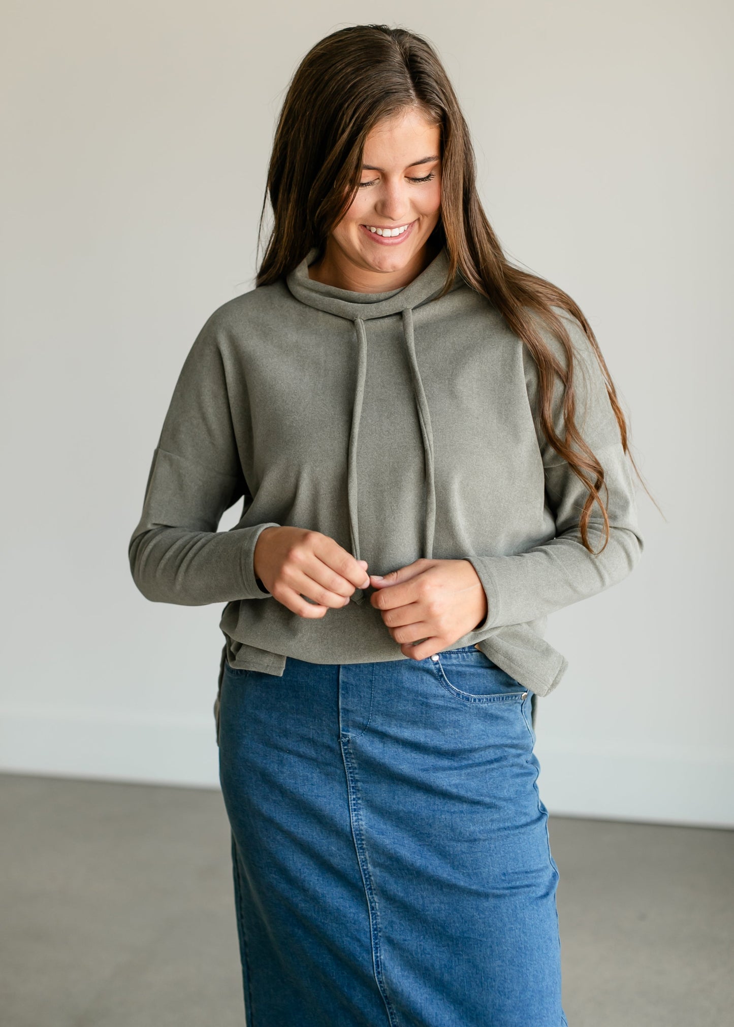 Mockneck Drawstring Brushed Soft Top FF Tops