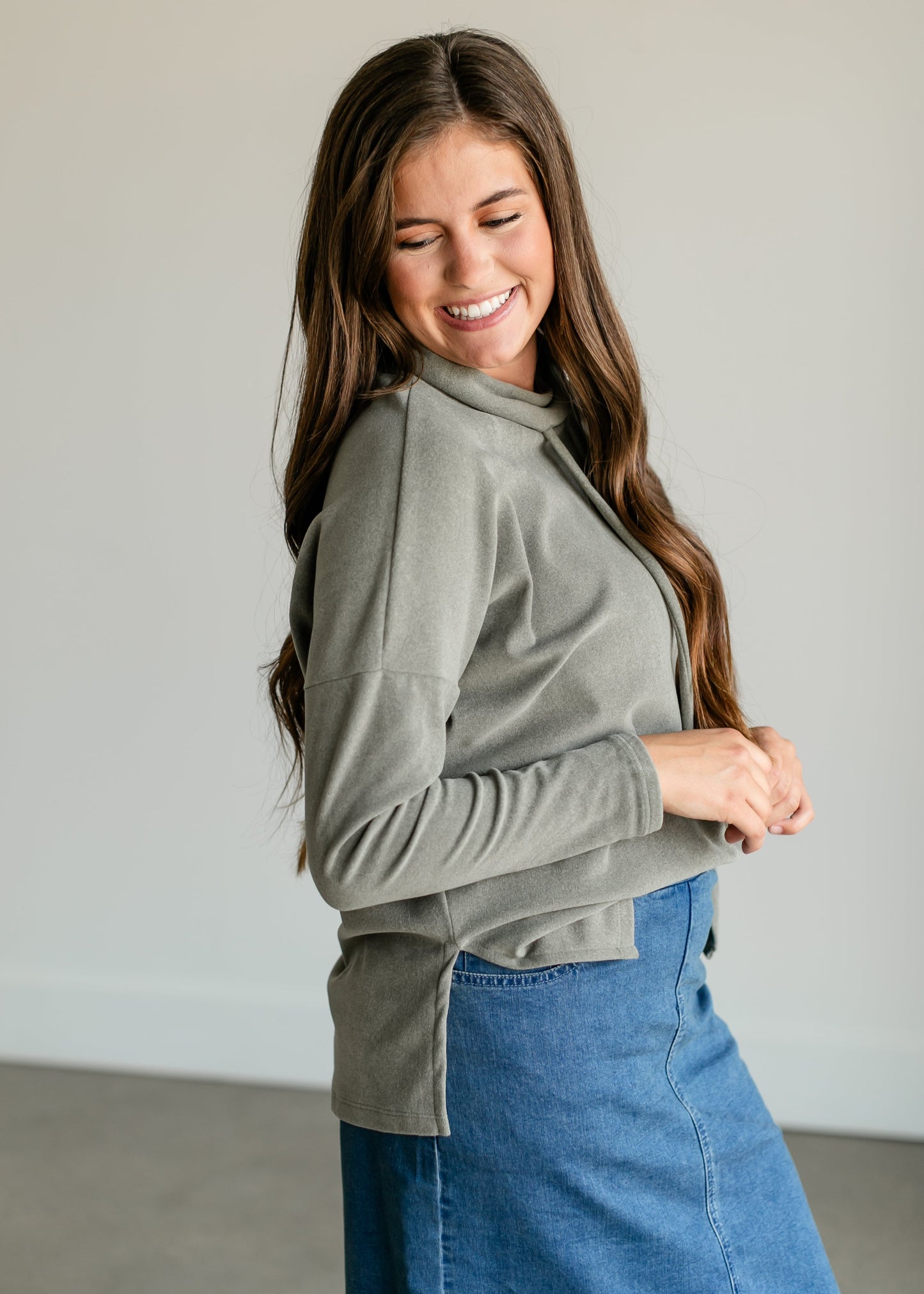 Mockneck Drawstring Brushed Soft Top FF Tops