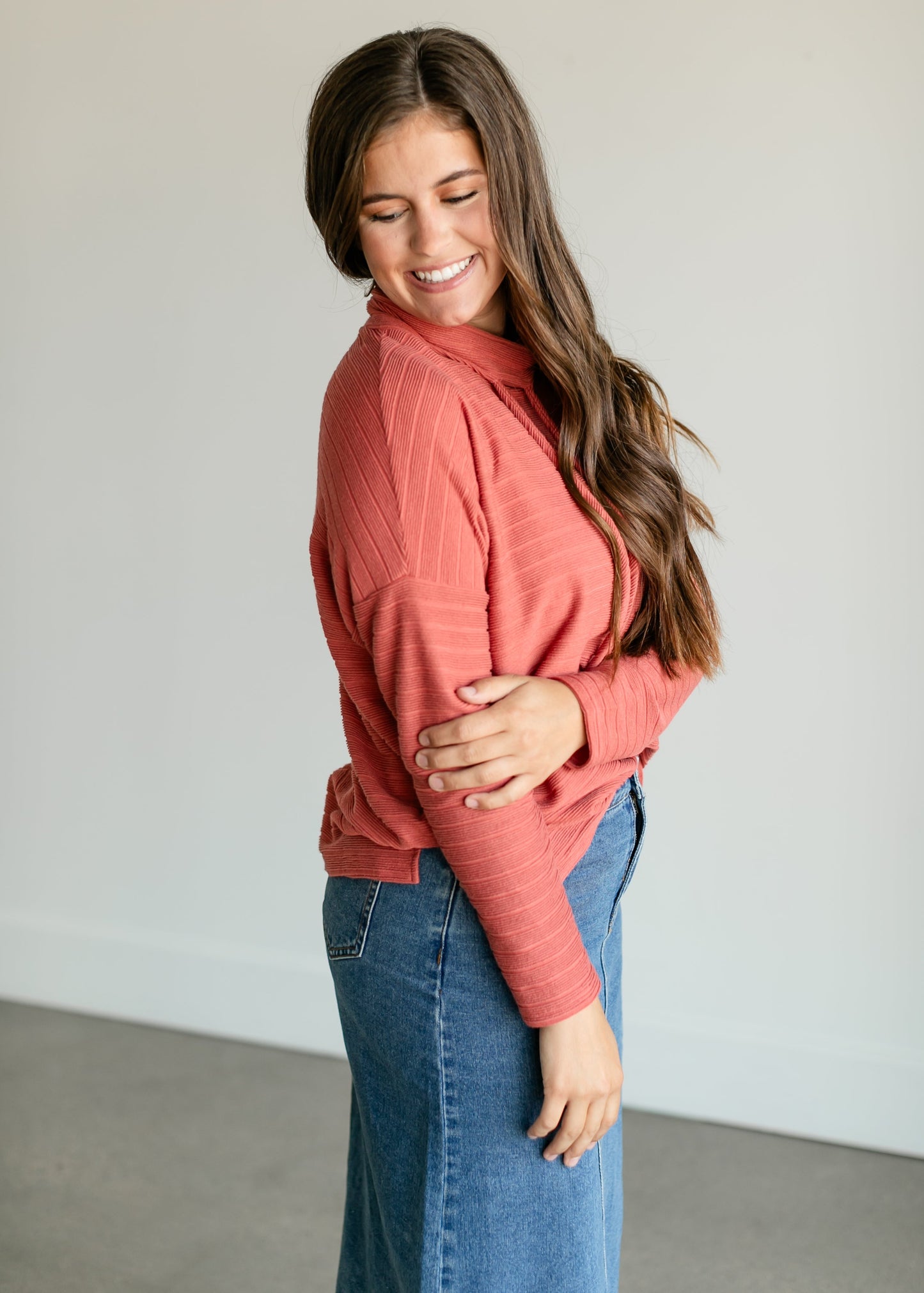 Mockneck Drawstring Ribbed Knit Top FF Tops
