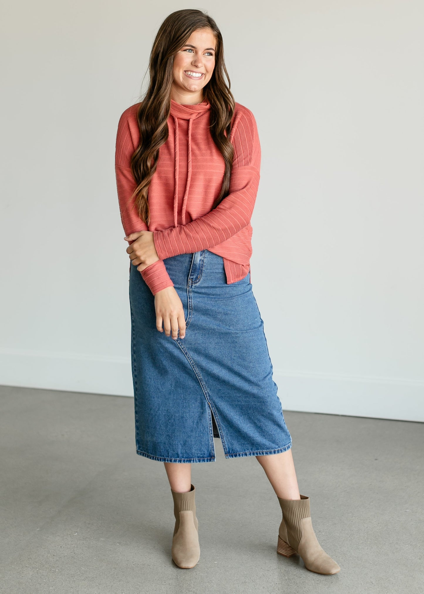 Mockneck Drawstring Ribbed Knit Top FF Tops