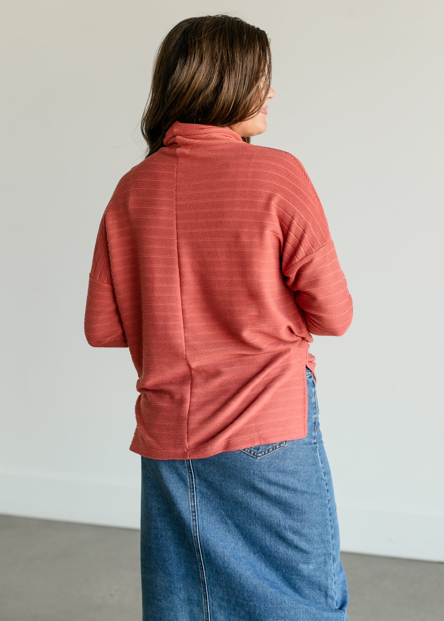 Mockneck Drawstring Ribbed Knit Top FF Tops