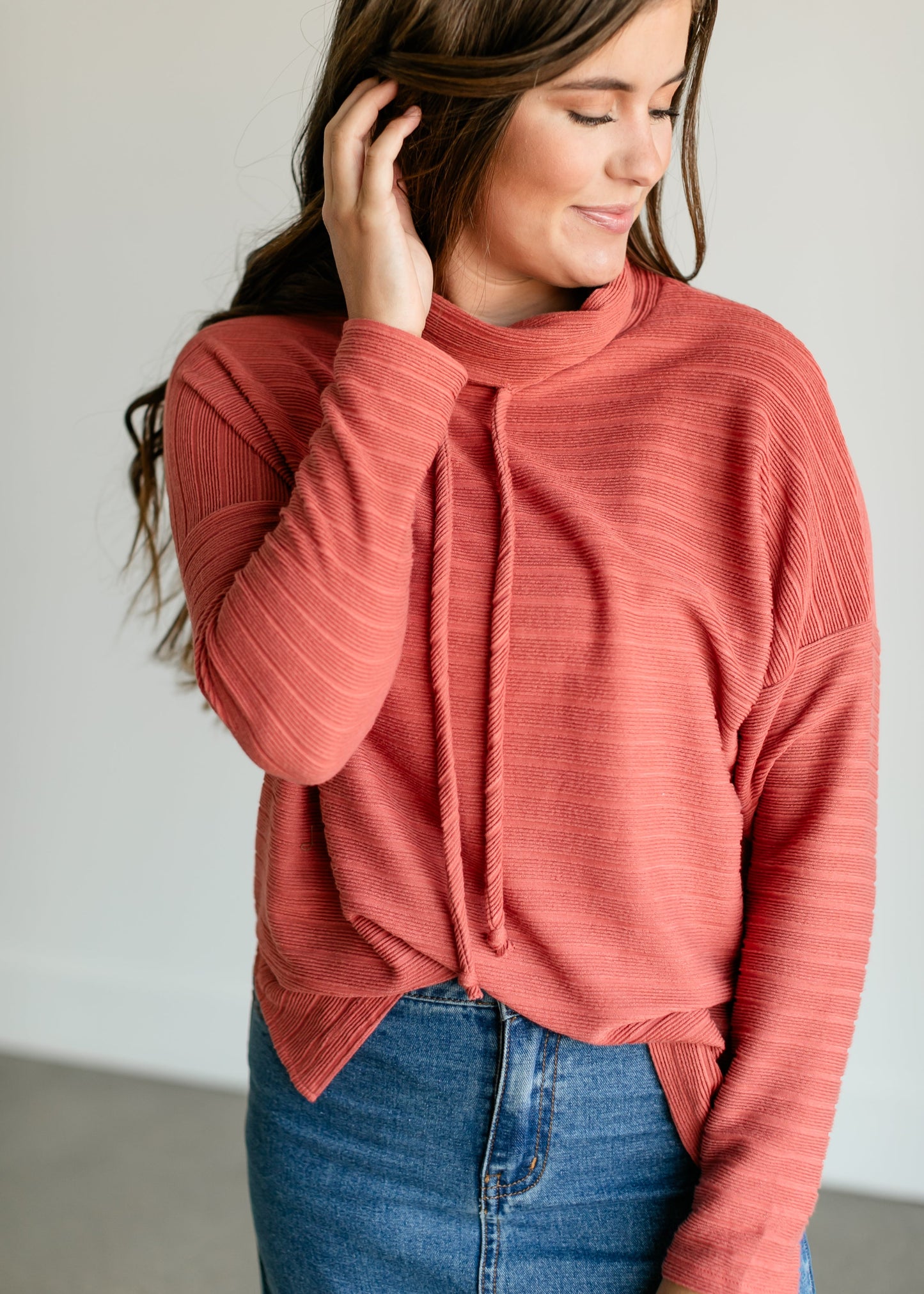 Mockneck Drawstring Ribbed Knit Top FF Tops