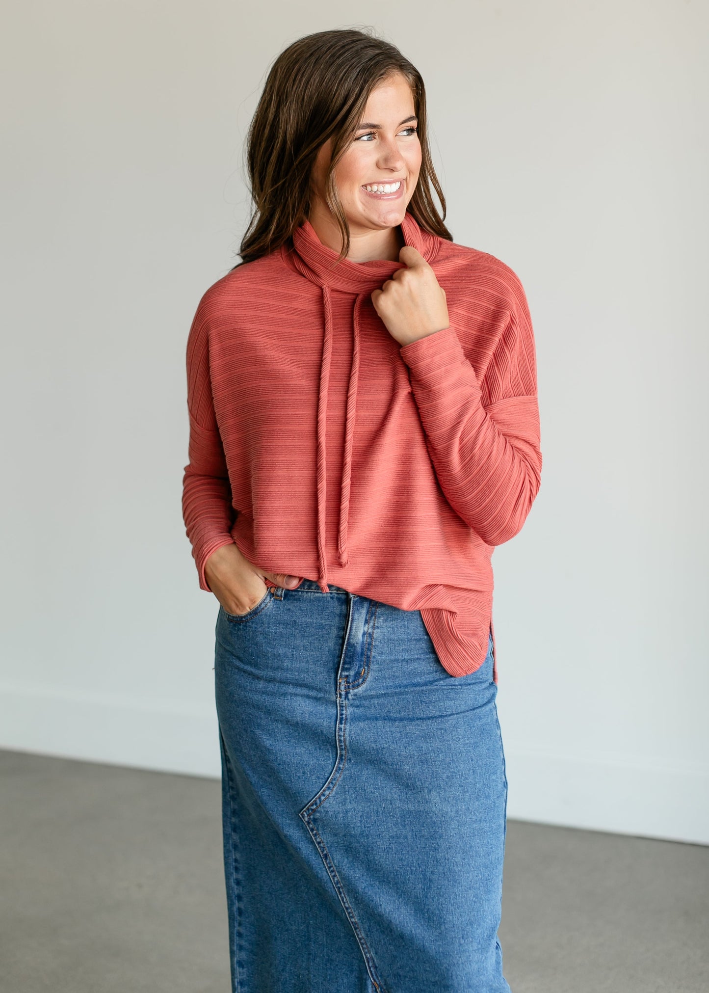 Mockneck Drawstring Ribbed Knit Top FF Tops