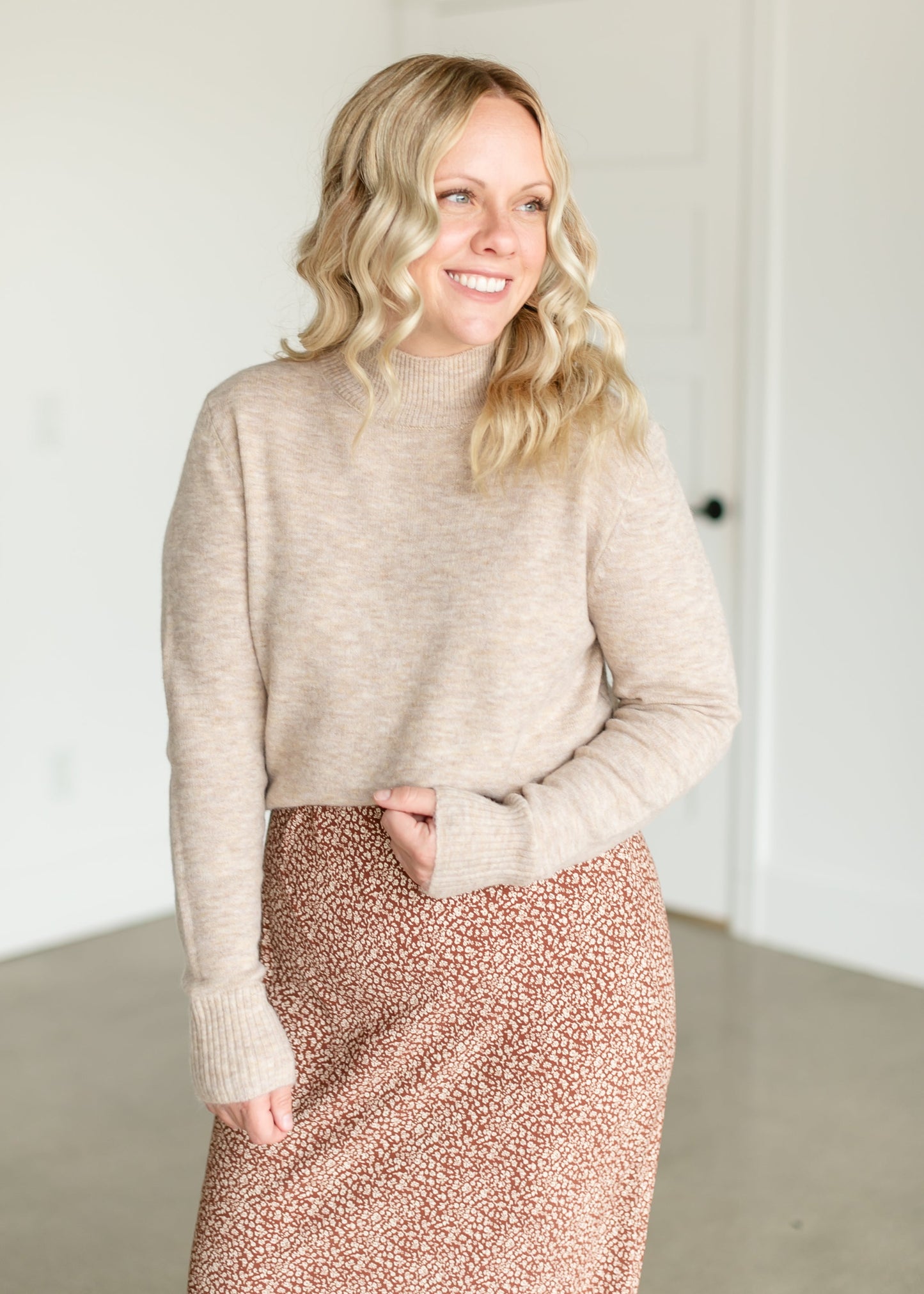 Mockneck Ribbed Hem Sweater FF Tops