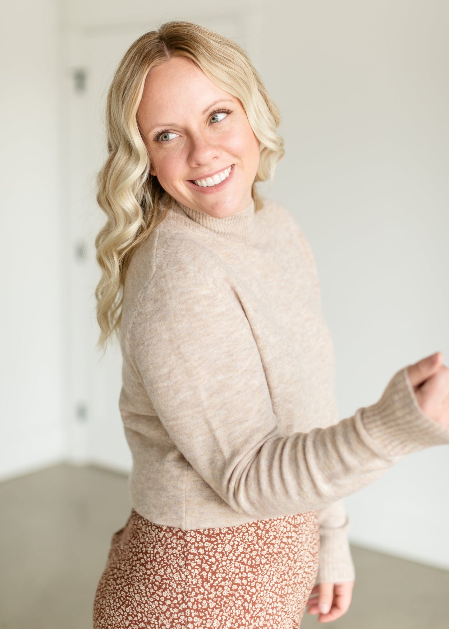 Mockneck Ribbed Hem Sweater FF Tops