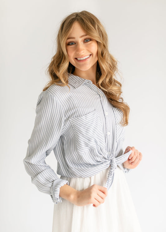 Myla Blue Stripe Soft Button Up Top FF Tops