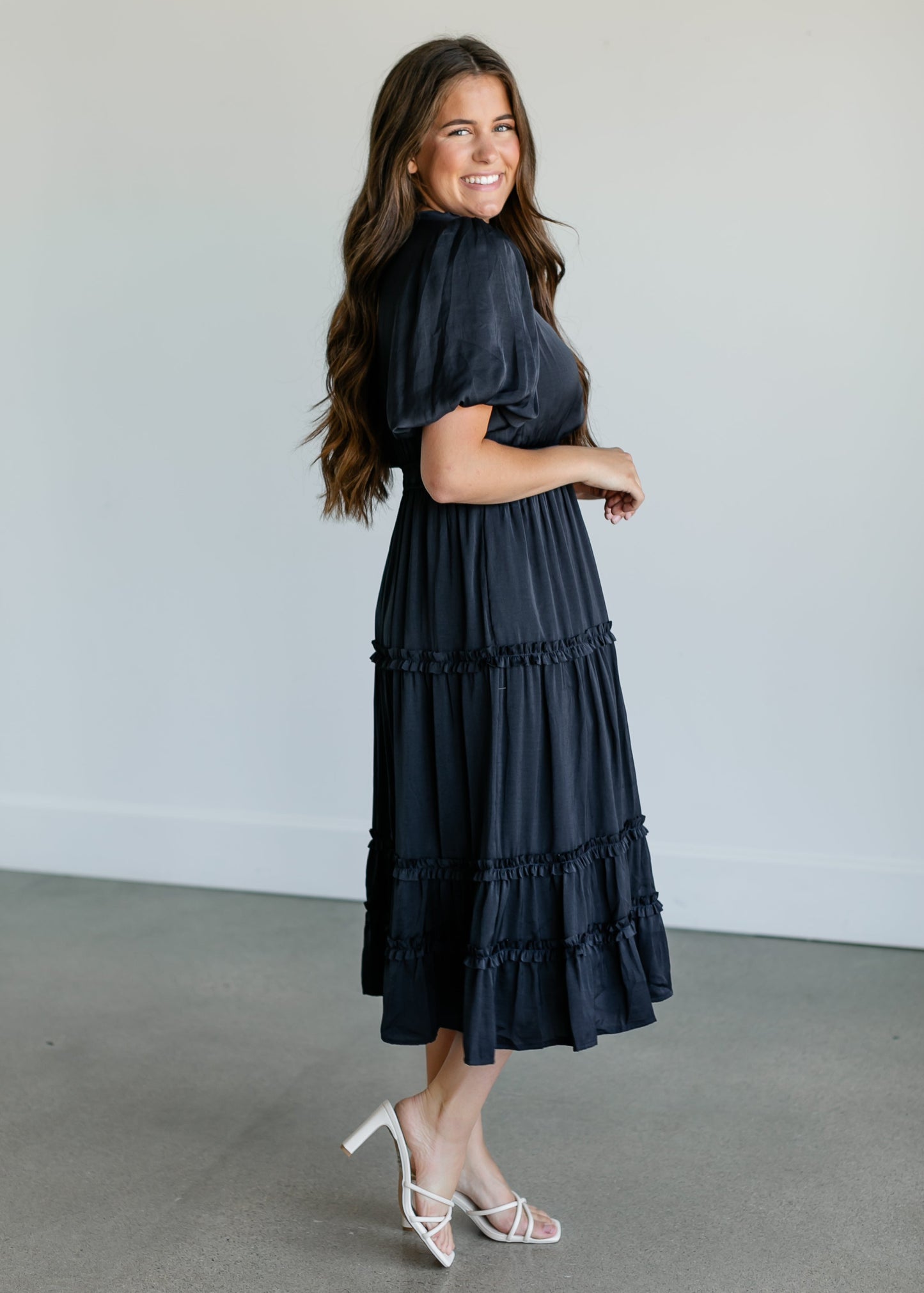 Navy Ruffle Midi Dress FF Dresses