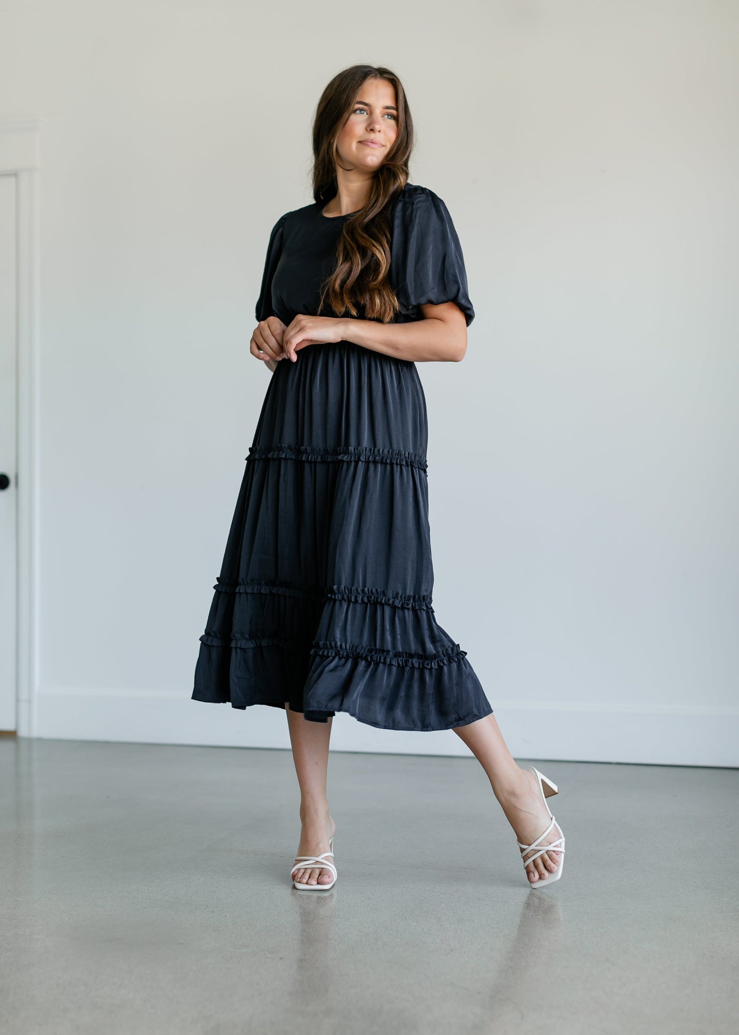 Navy Ruffle Midi Dress FF Dresses