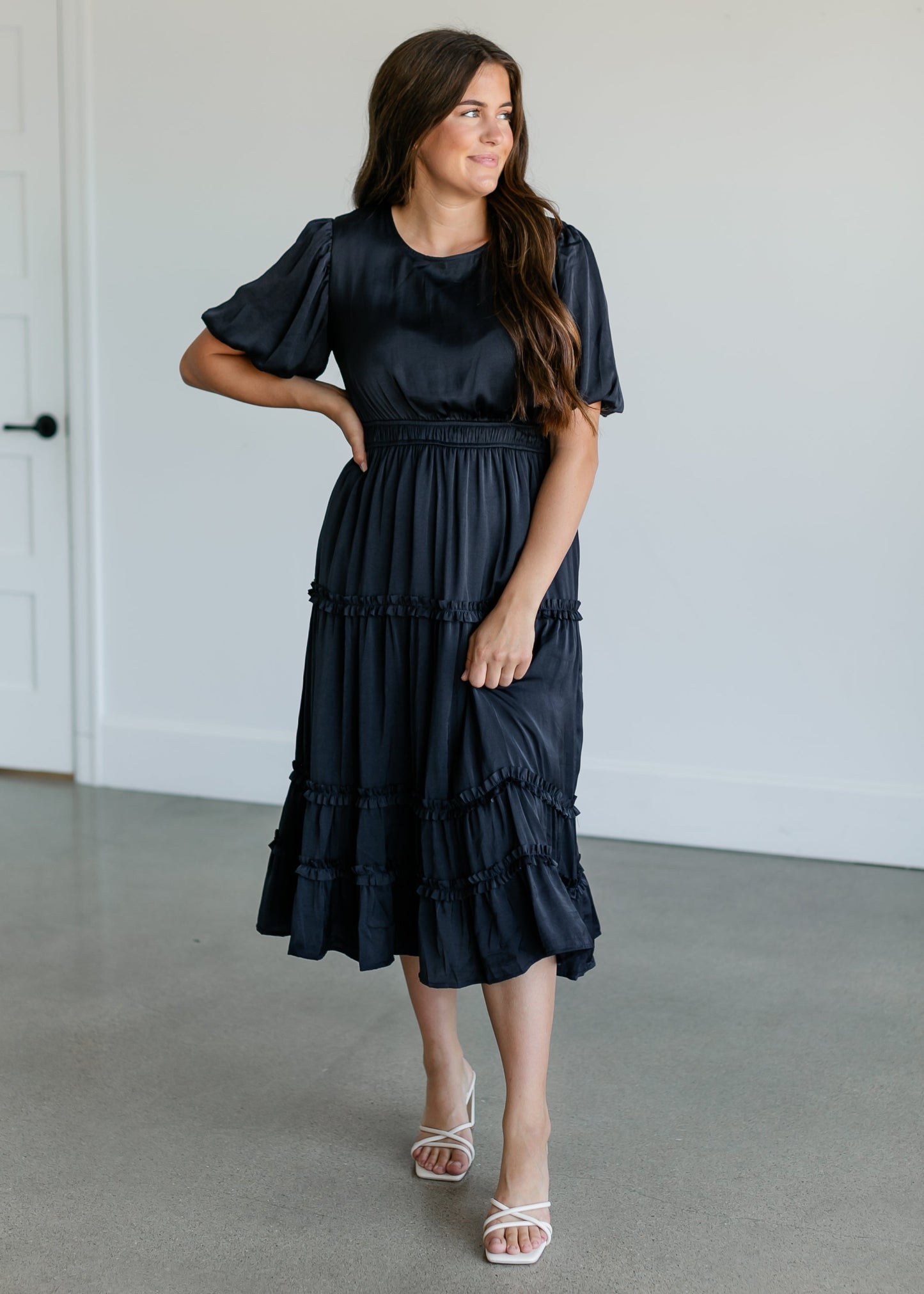Navy Ruffle Midi Dress FF Dresses