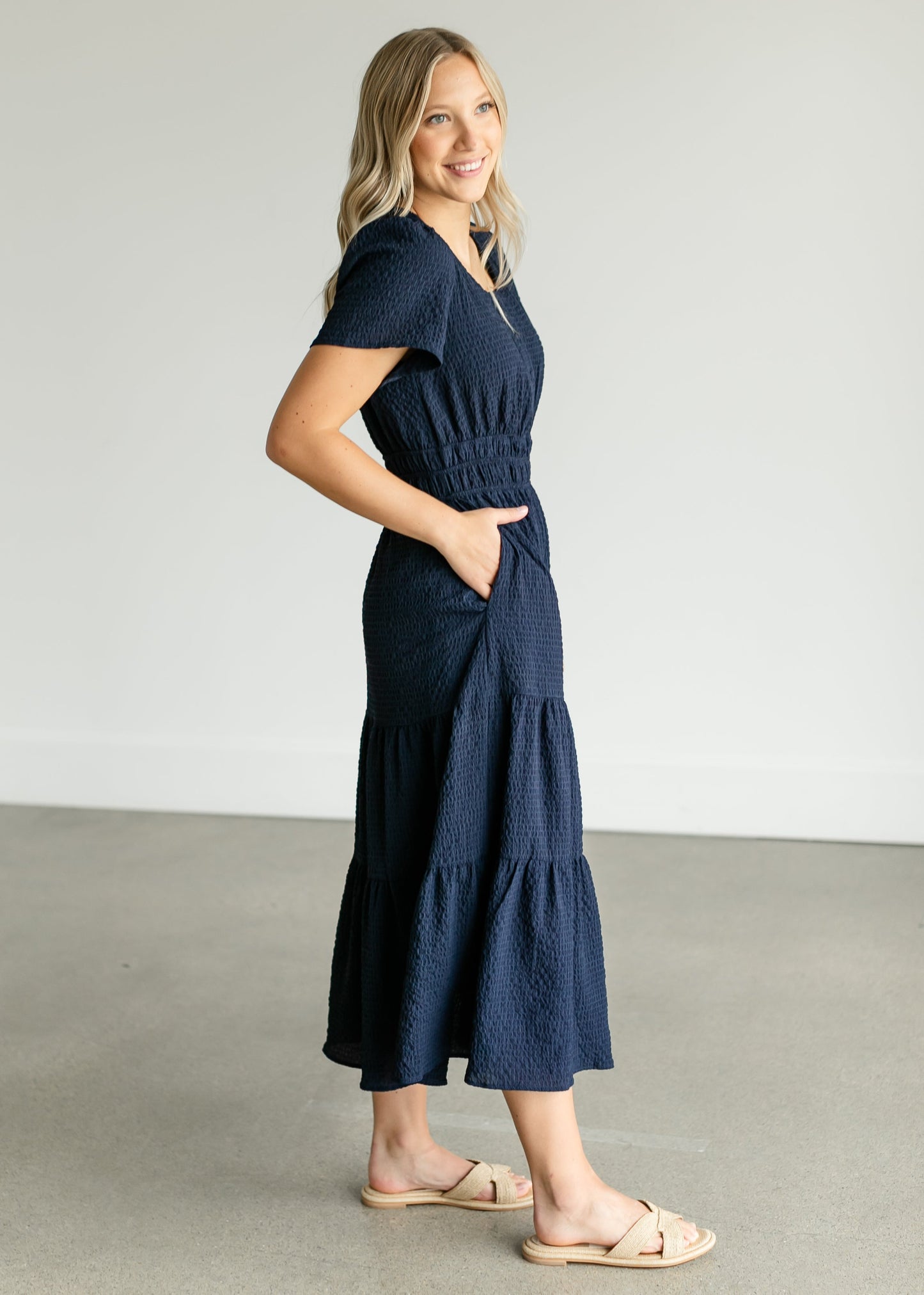 Navy Short Sleeve Maxi Dress FF Dresses