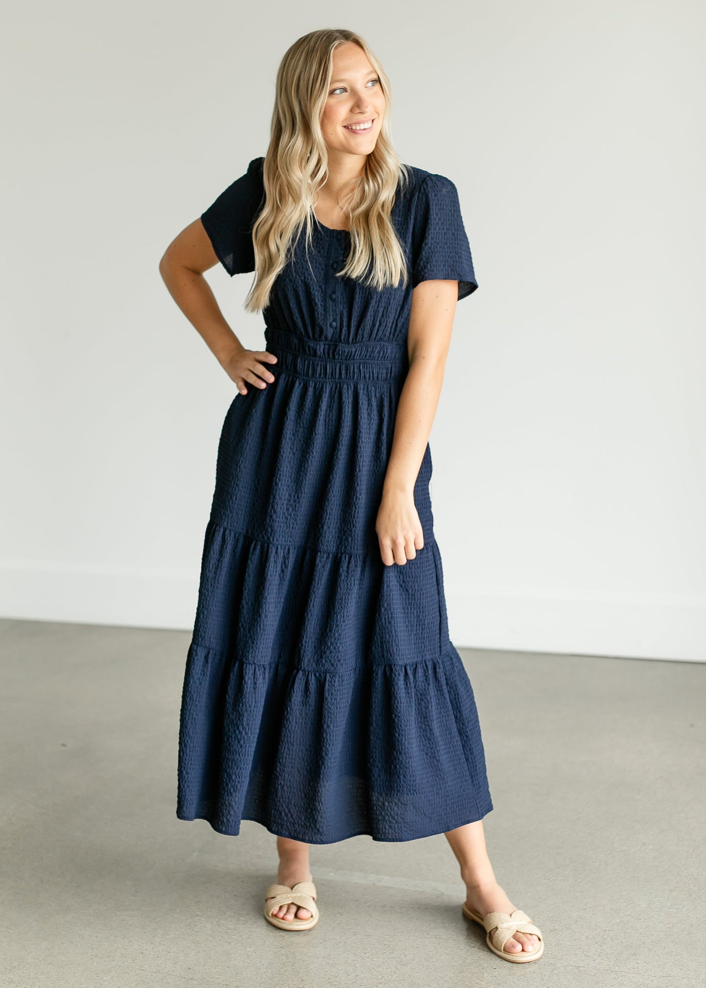 Navy Short Sleeve Maxi Dress FF Dresses