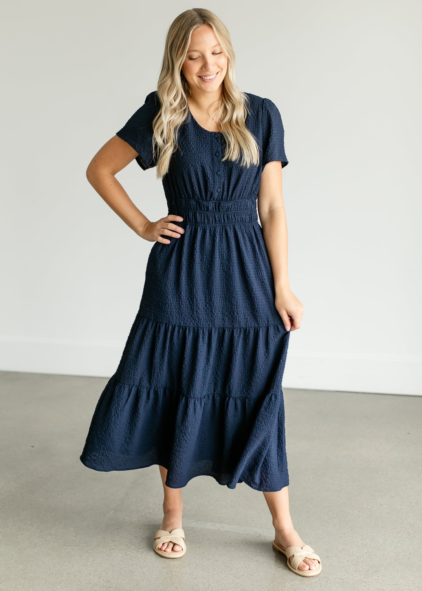 Navy Short Sleeve Maxi Dress FF Dresses