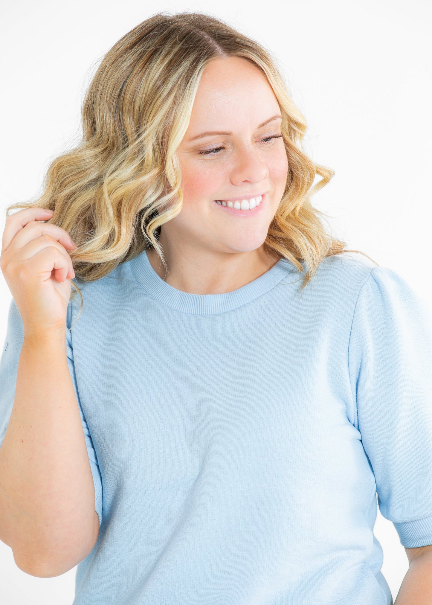Odette Puff Sleeve Round Neck Top FF Tops Ice Blue / S