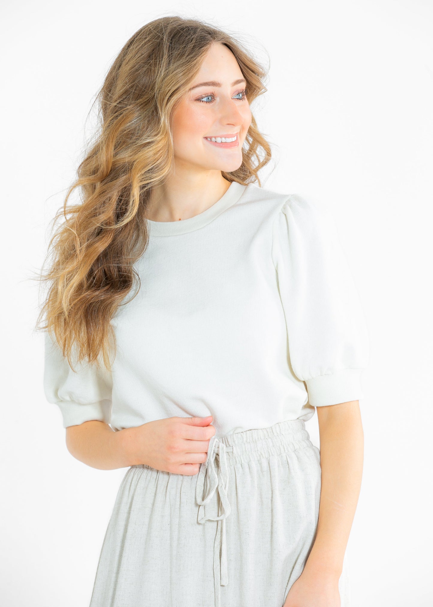Odette Puff Sleeve Round Neck Top FF Tops Whip Cream / S