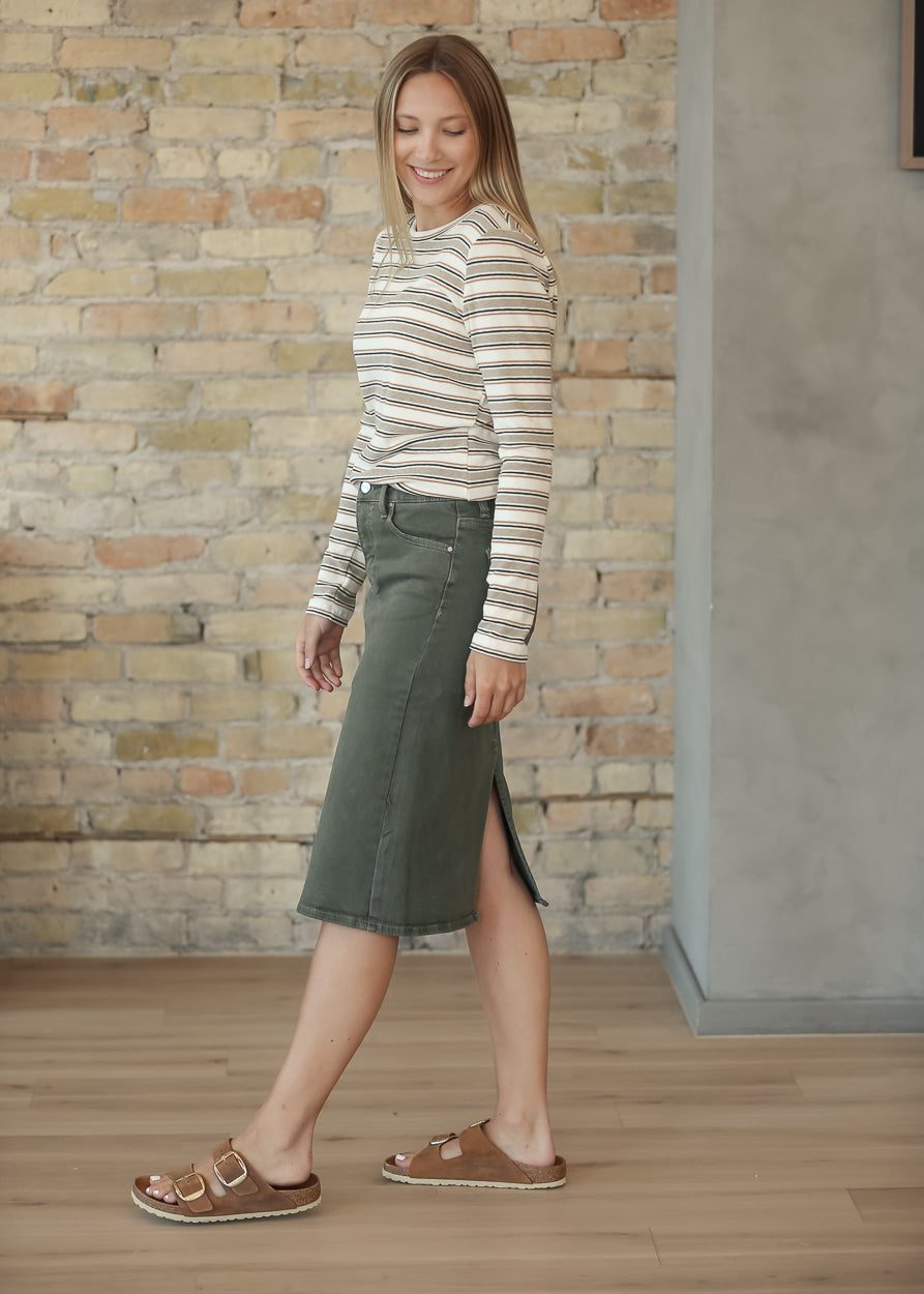 Olive Denim Straight Fit Midi Skirt FF Skirts