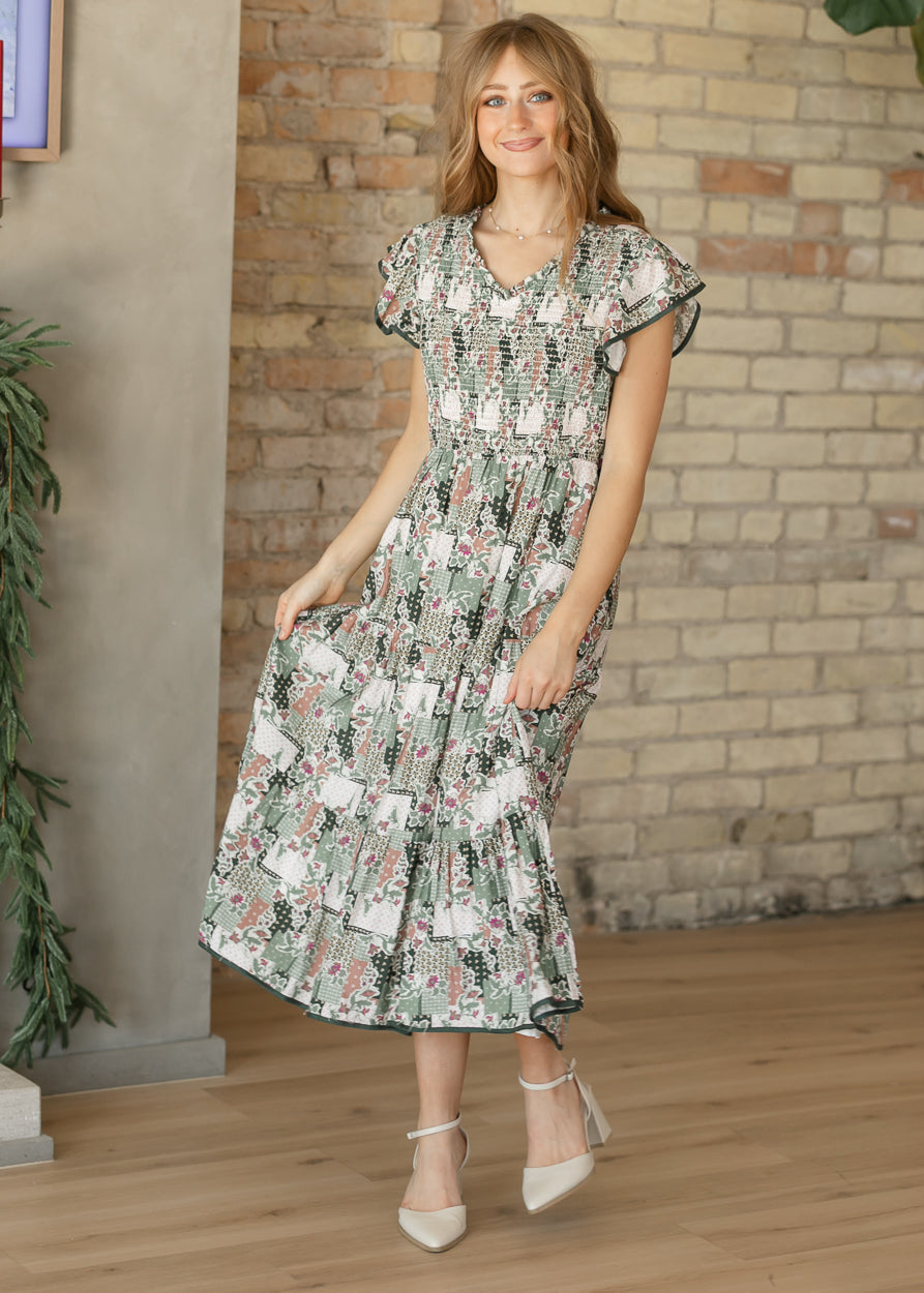 Olive Floral Patch Print Ruffled V-Neck Dress FF Dresses