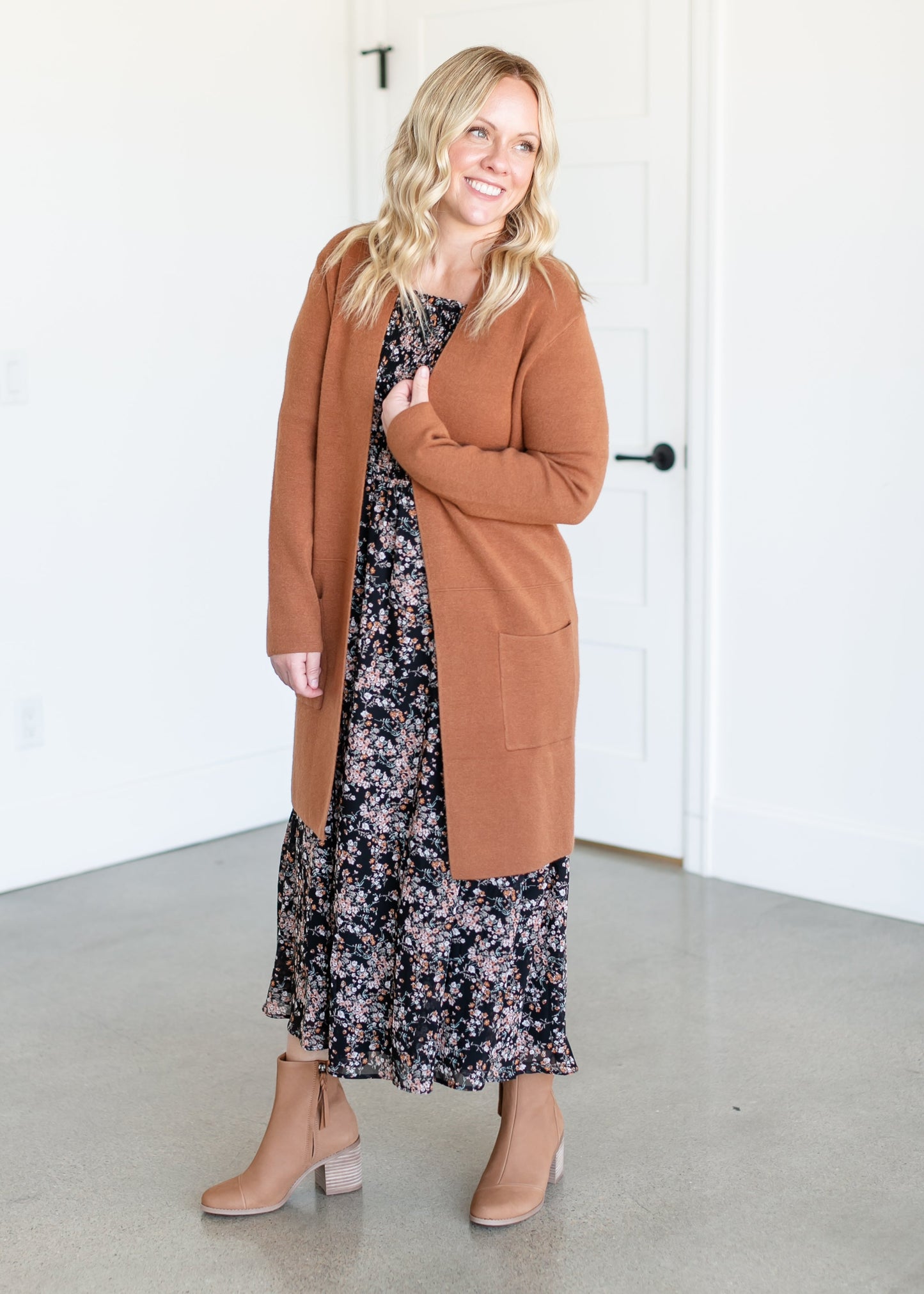 Open Front Knit Cardigan Coat FF Tops Camel / S/M