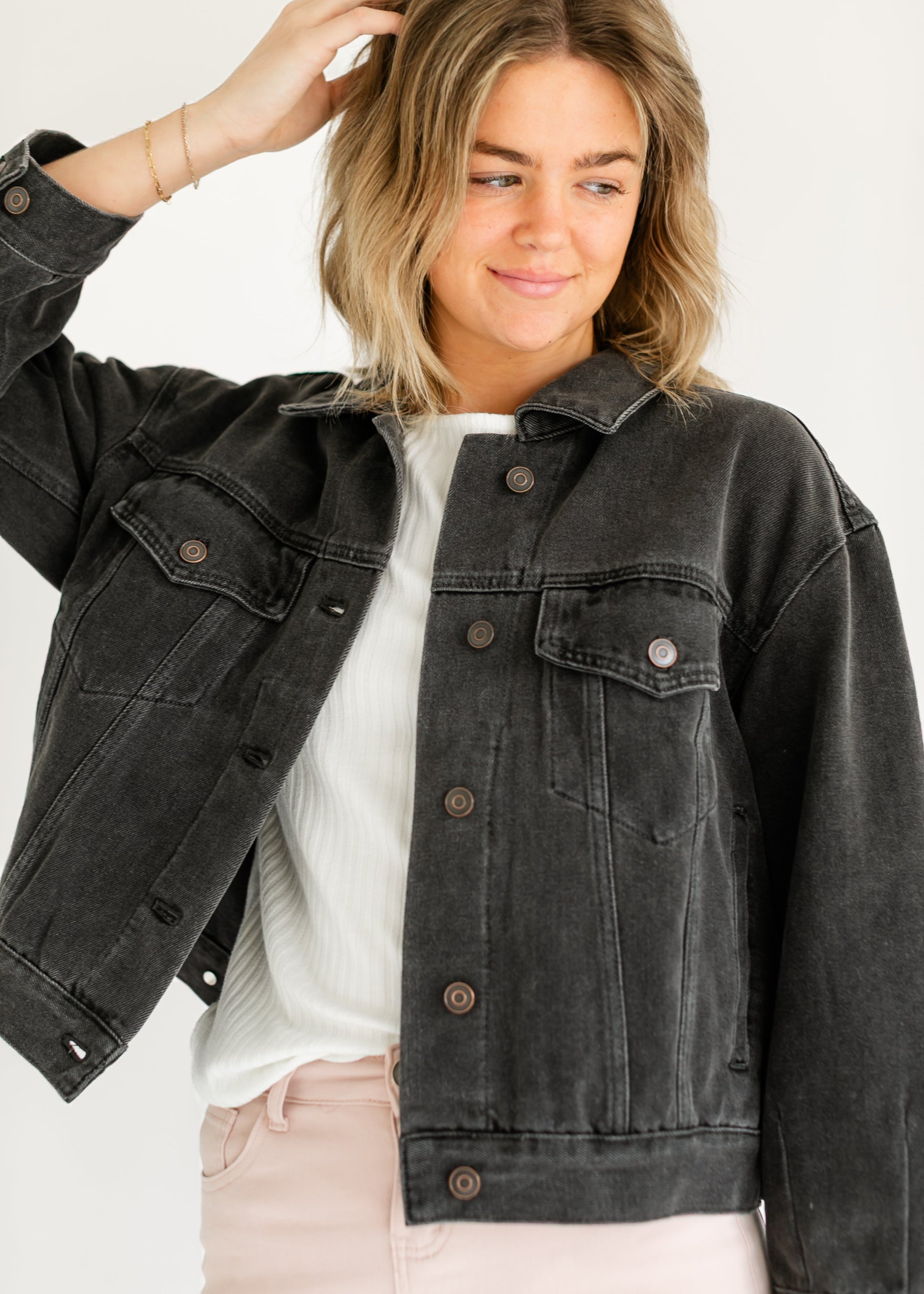 Oversized Washed Black Denim Jacket FF Tops