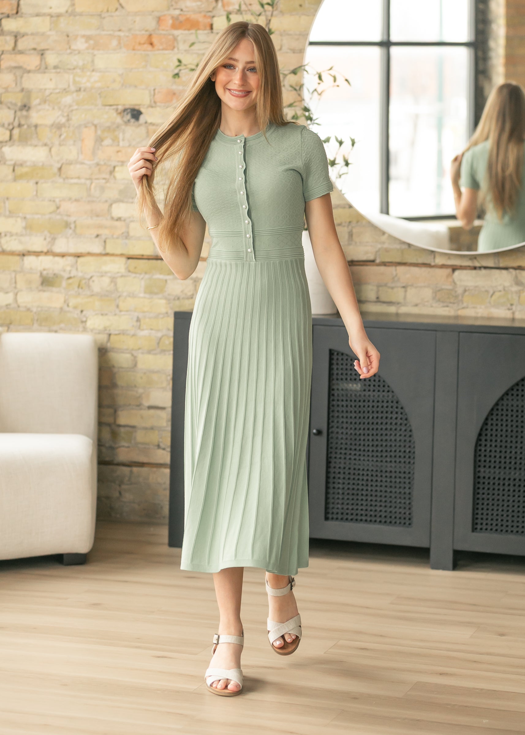 sale knitted dresses Pearl Button Detail Knit Maxi Dress Sparkly Midnight Blue Formal loose fitting sleeve gathered Color:Y20-4 Sand prodhub-job-246