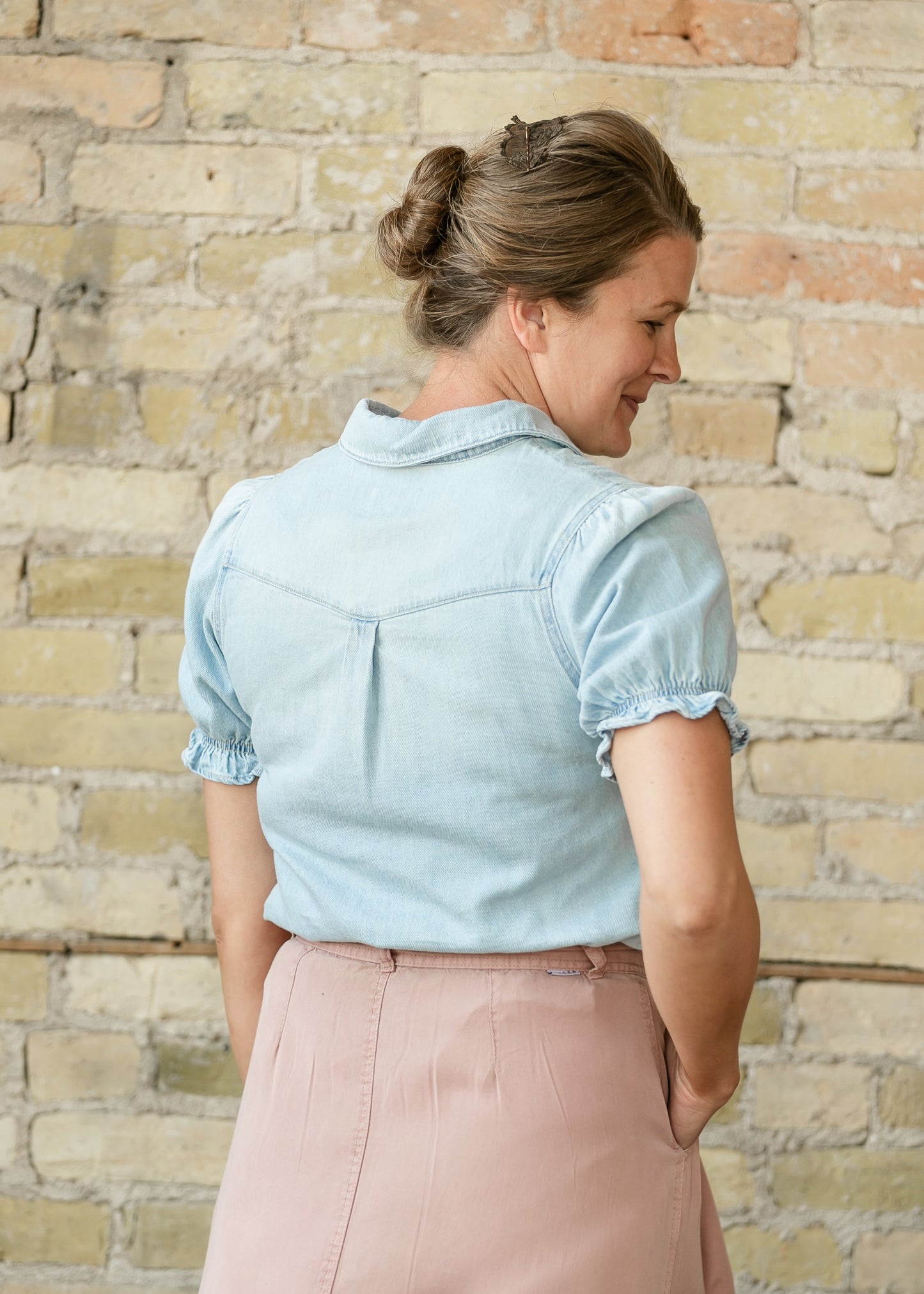 Pearl Snap Denim Short Sleeve Top