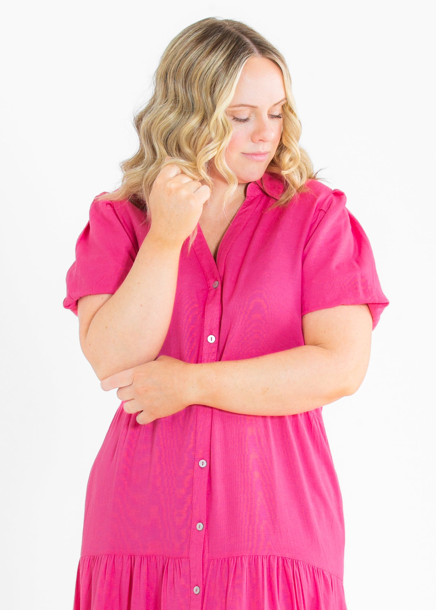 Pink Button Front Tiered Maxi Dress FF Dresses