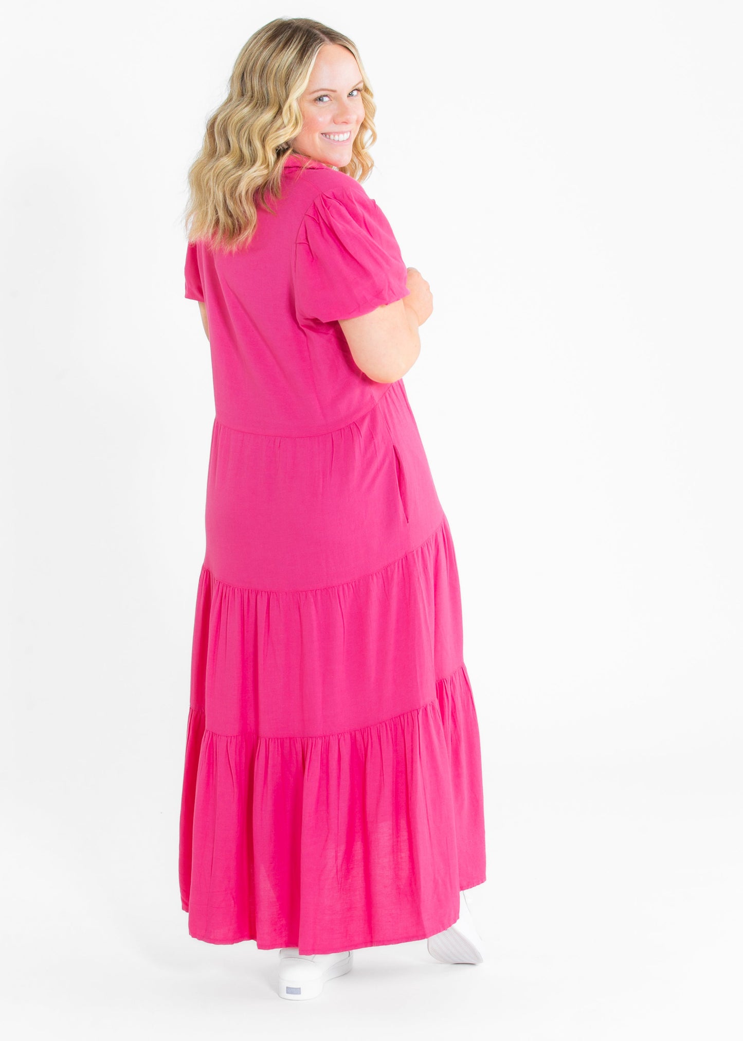 Pink Button Front Tiered Maxi Dress FF Dresses