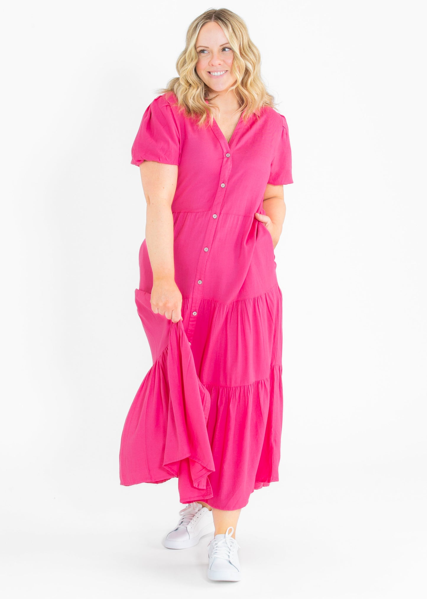 Pink Button Front Tiered Maxi Dress FF Dresses