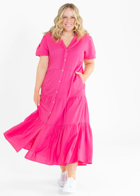 Pink Button Front Tiered Maxi Dress FF Dresses