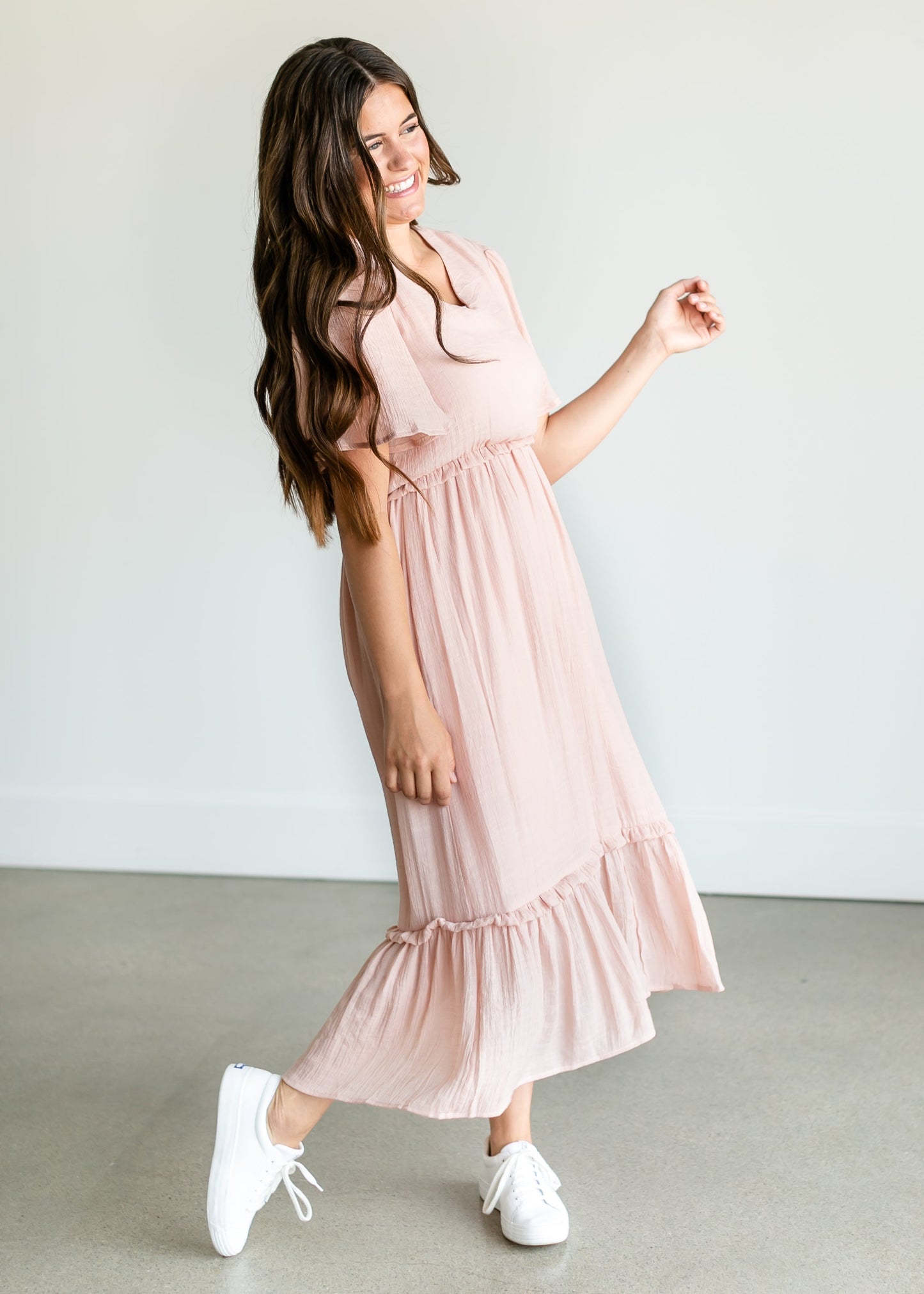 Pink V-neck Ruffle Maxi Dress FF Dresses