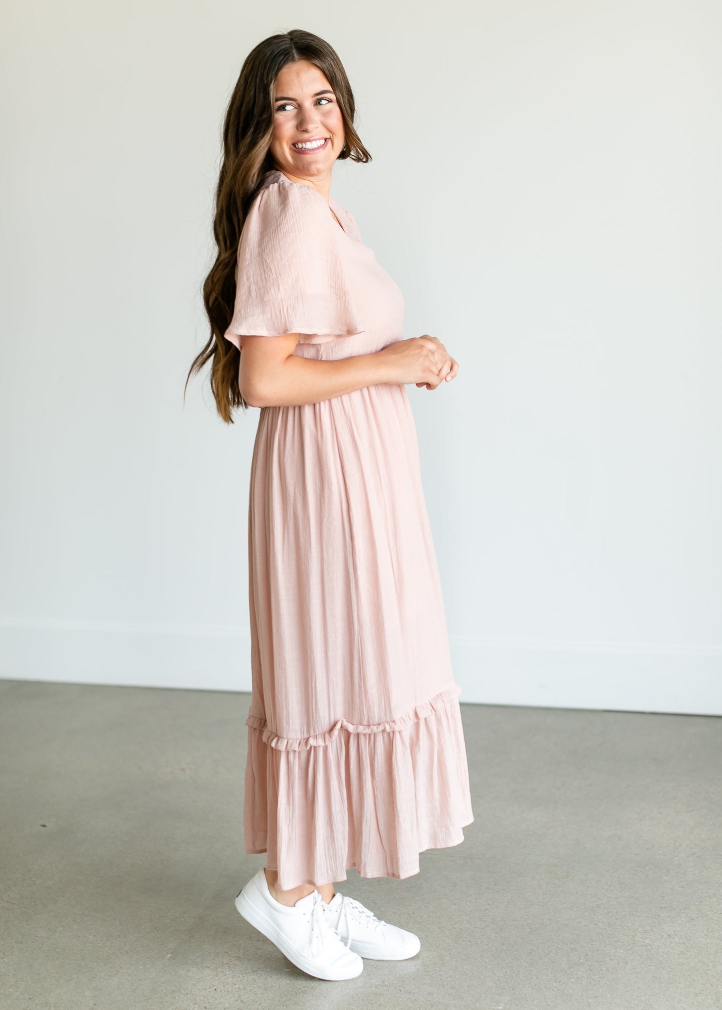 Pink V-neck Ruffle Maxi Dress FF Dresses