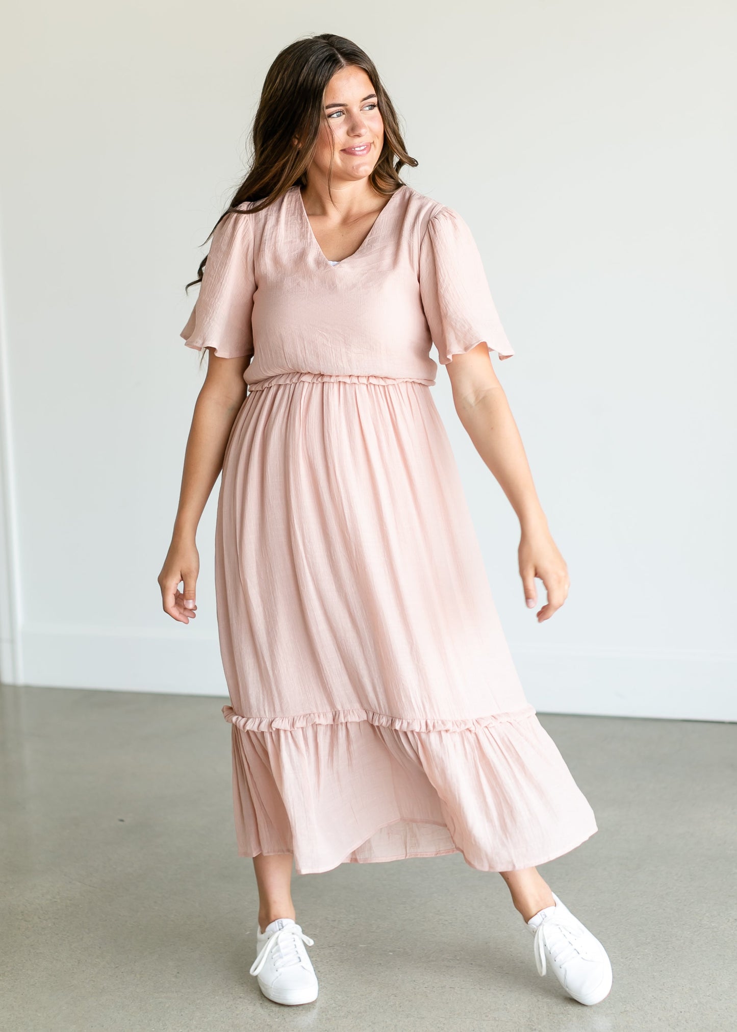 Pink V-neck Ruffle Maxi Dress FF Dresses