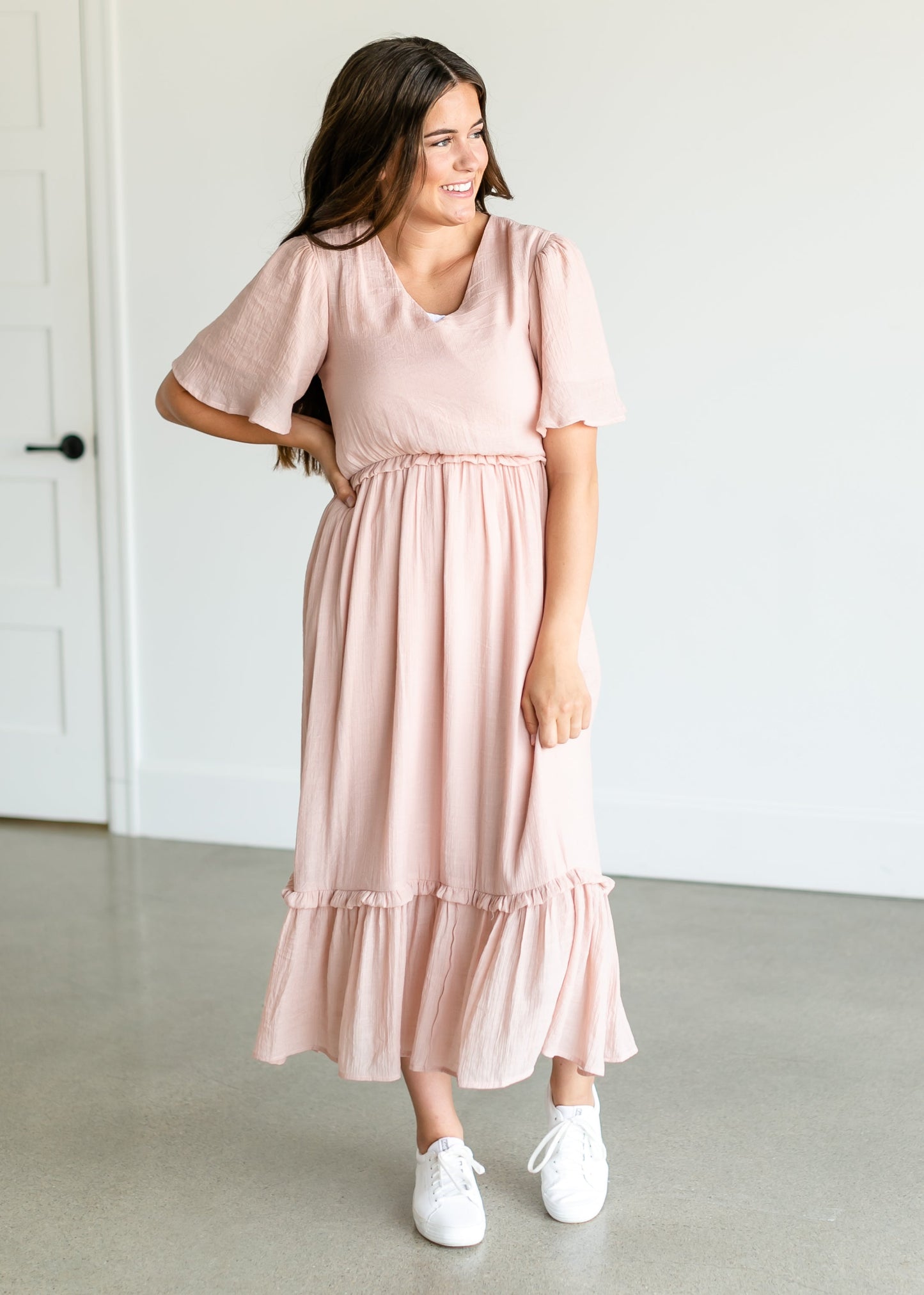 Pink V-neck Ruffle Maxi Dress FF Dresses