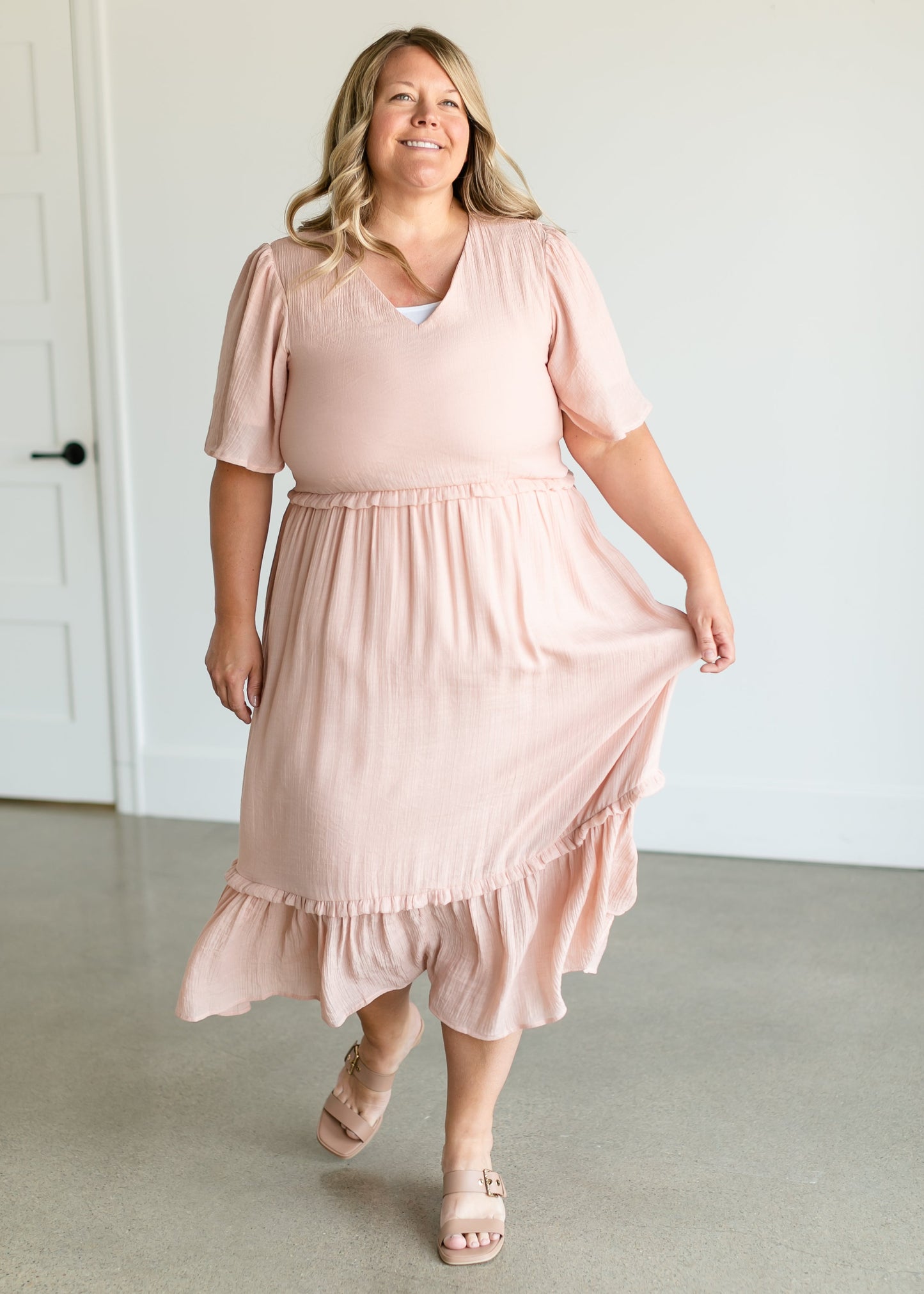 Pink V-neck Ruffle Maxi Dress FF Dresses