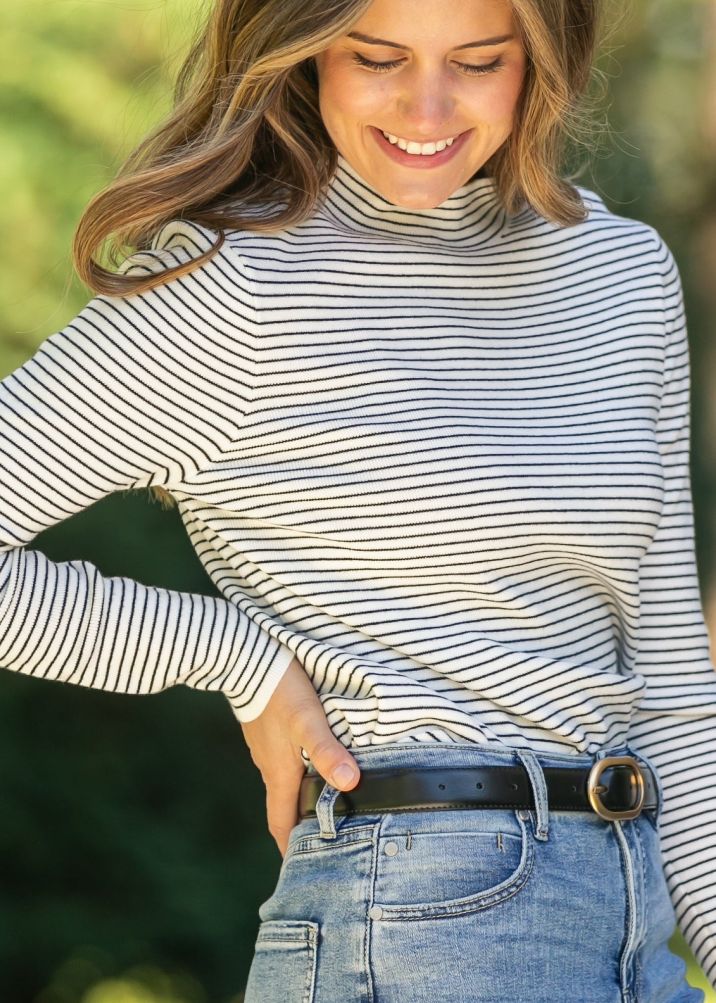 Pinstriped Mock Neck Sweater FF Tops