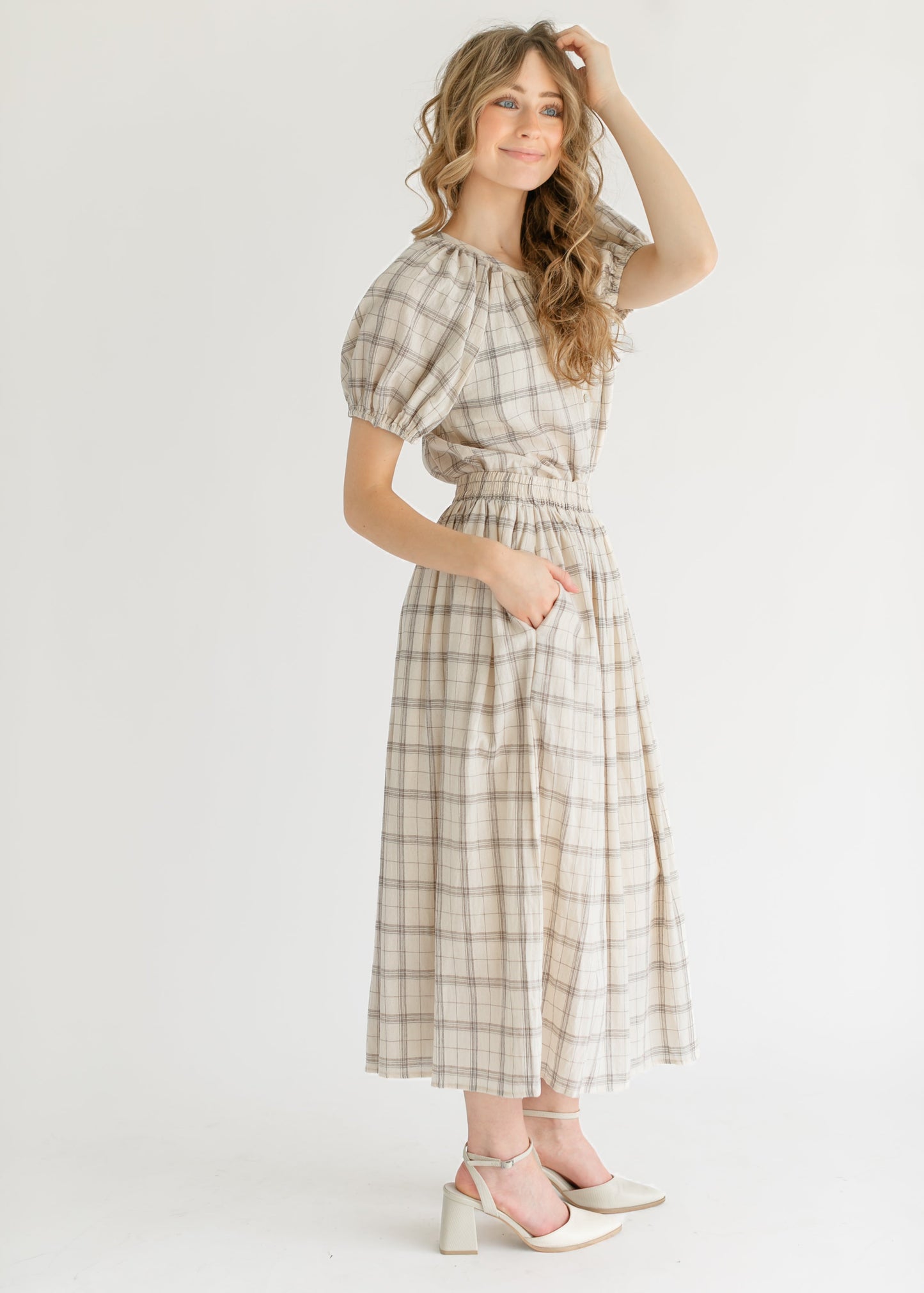 Plaid A-Line Stretch Waist Midi Skirt FF Skirts