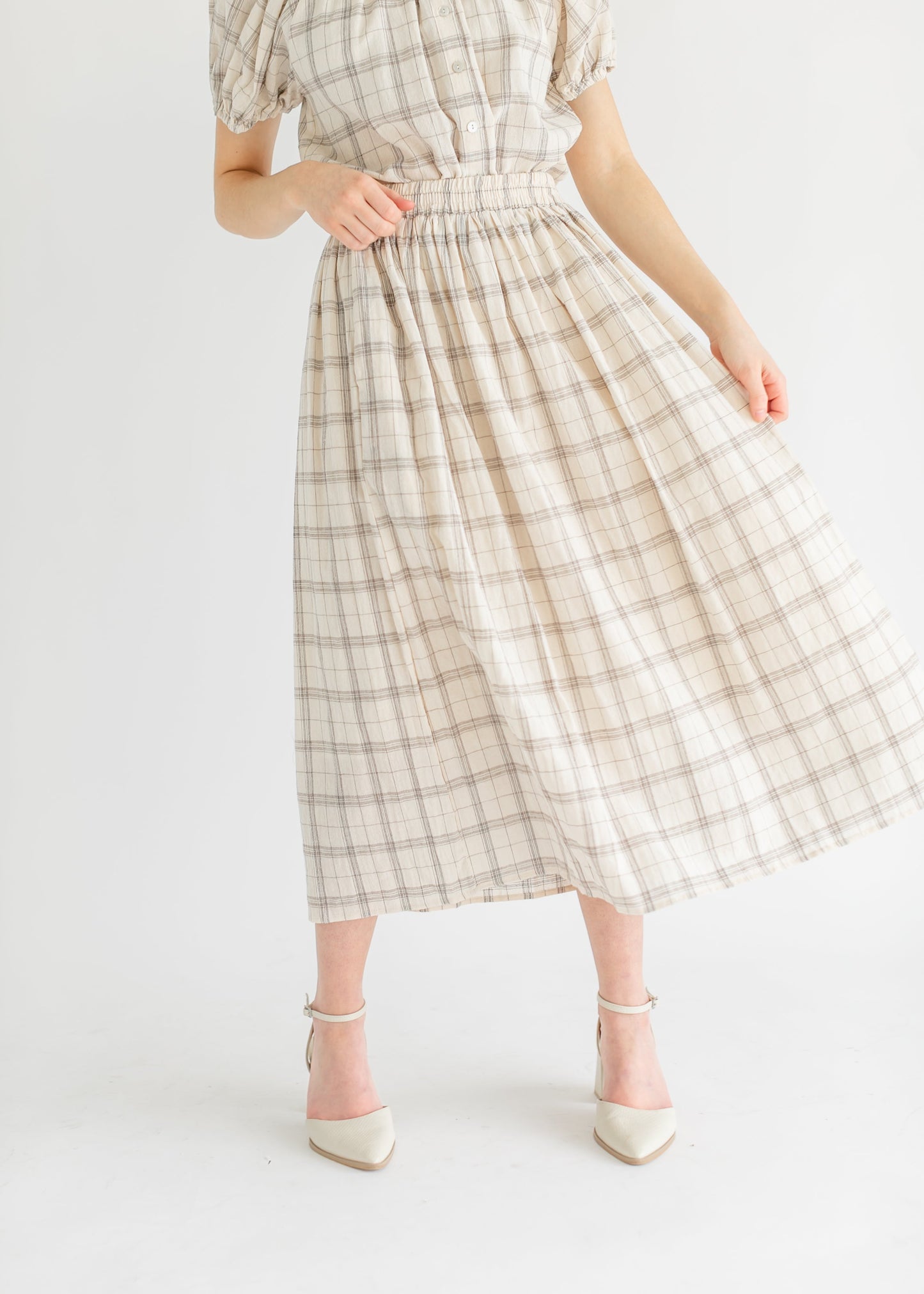 Plaid A-Line Stretch Waist Midi Skirt FF Skirts