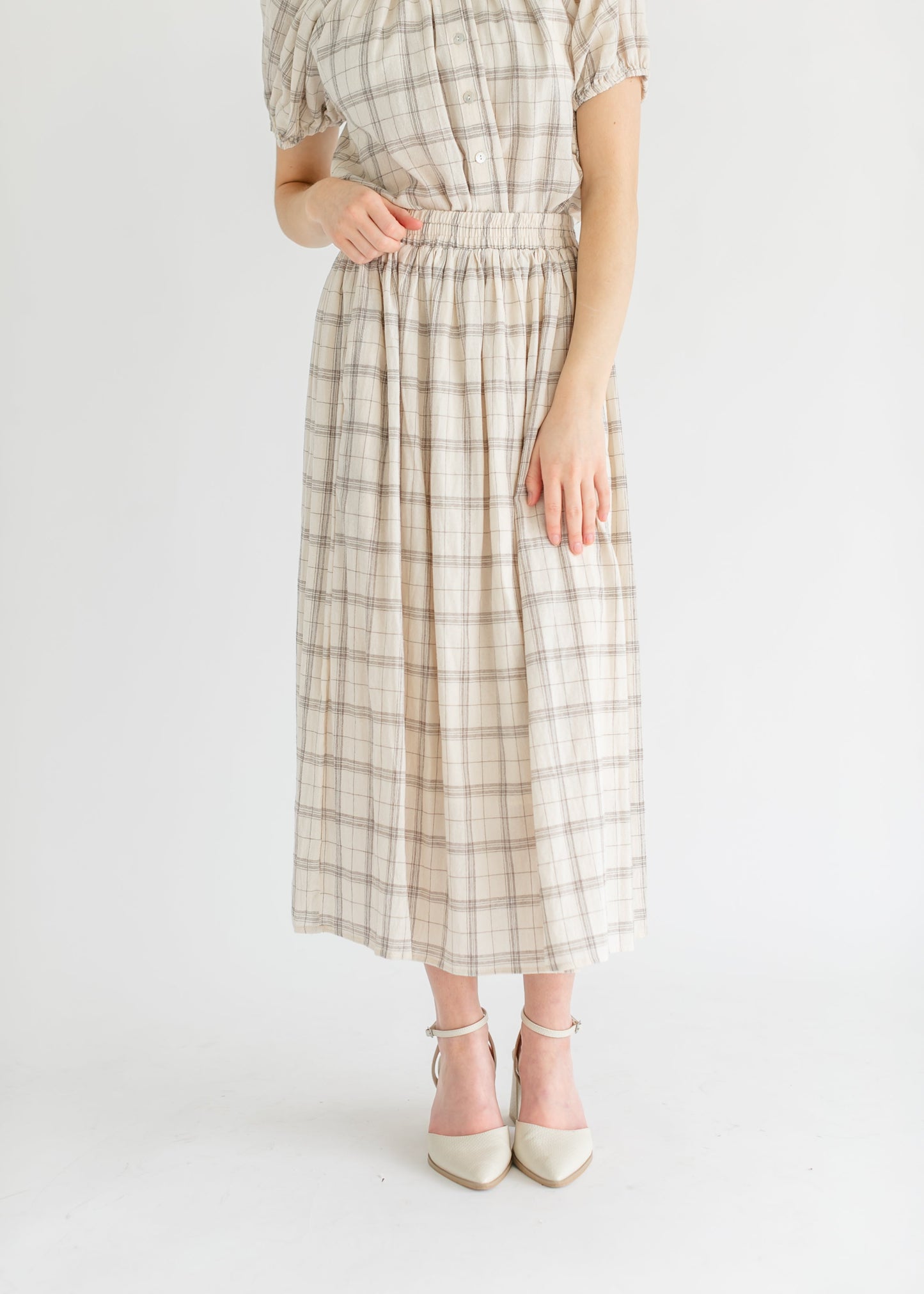 Plaid A-Line Stretch Waist Midi Skirt FF Skirts