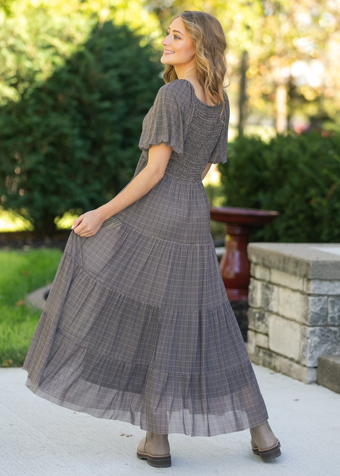 Plaid Mesh Tiered Maxi Dress FF Dresses