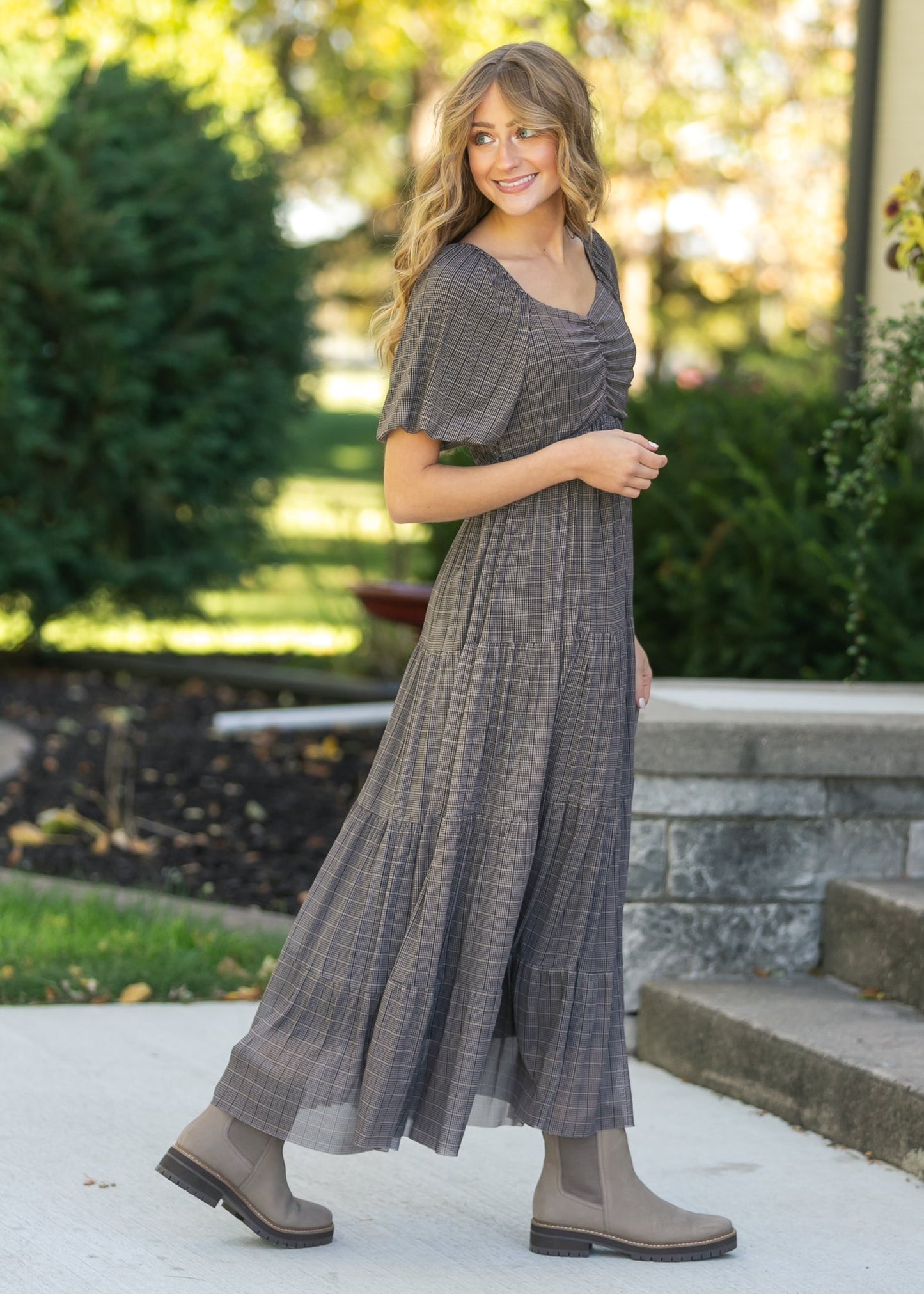 Plaid Mesh Tiered Maxi Dress FF Dresses