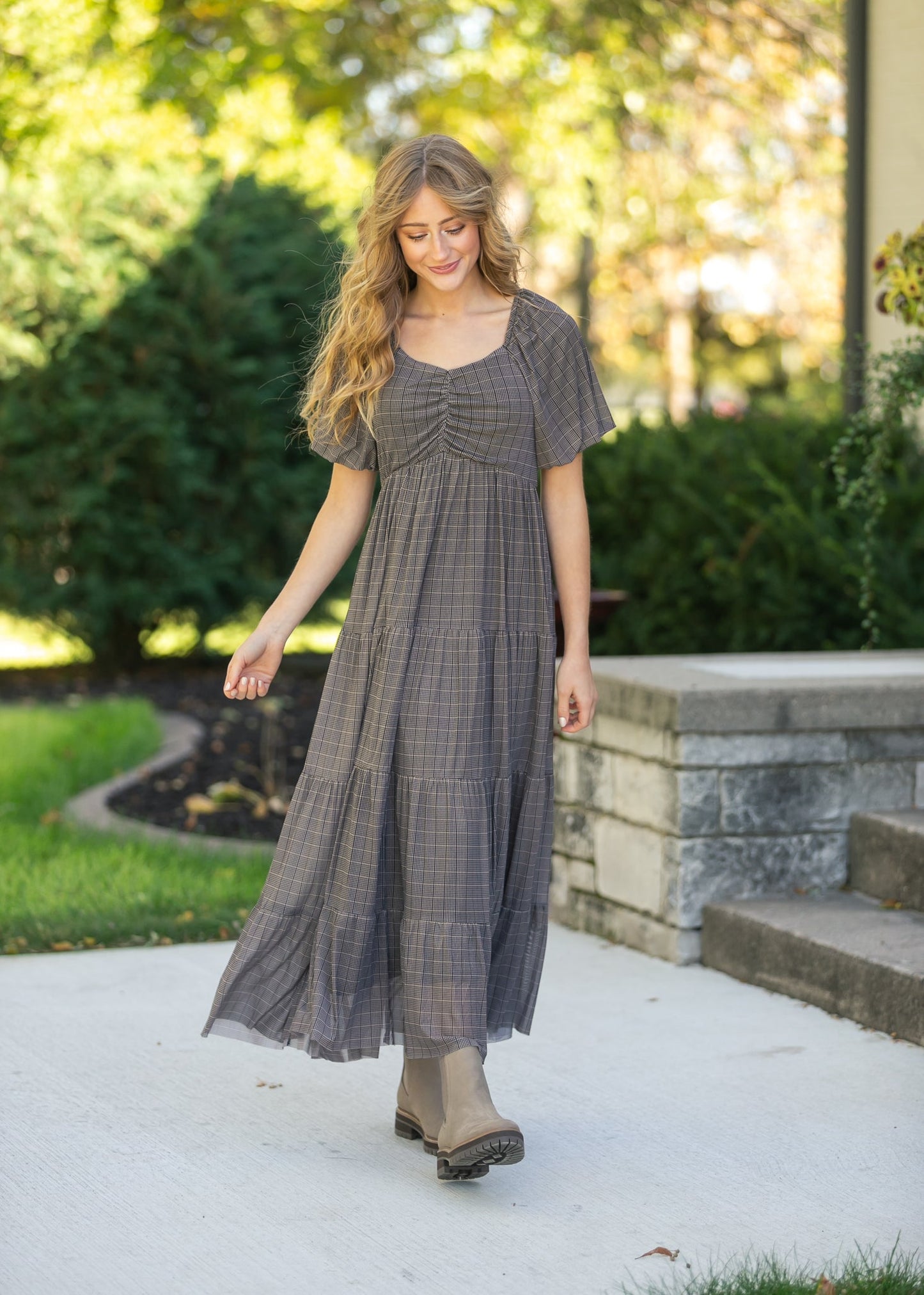 Plaid Mesh Tiered Maxi Dress FF Dresses